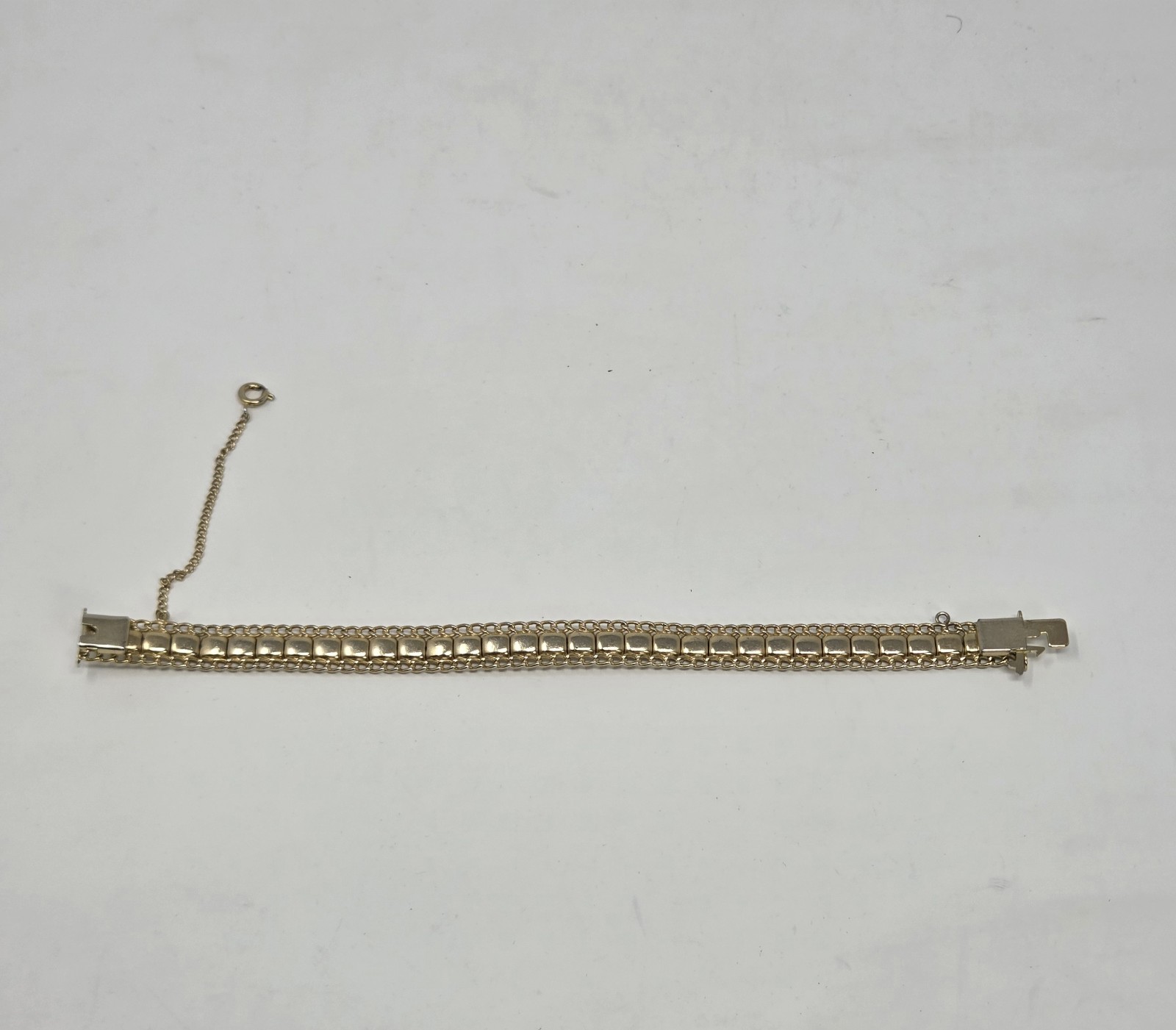 Vintage Gold Tone Diamond Cut Link Bracelet Box Clasp Safety Chain Mid Century