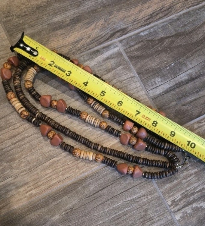 Vtg Artisan Handcrafted Triple Strand Earth Tone Beaded Necklace, Hook Closure