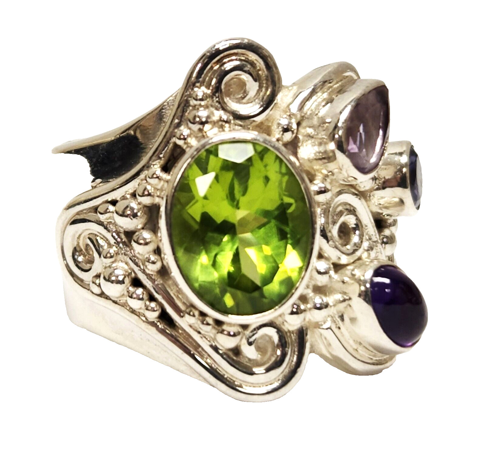 Sajen Bezel Set Peridot Iolite Amethyst 925 Sterling Silver Ring US size 5