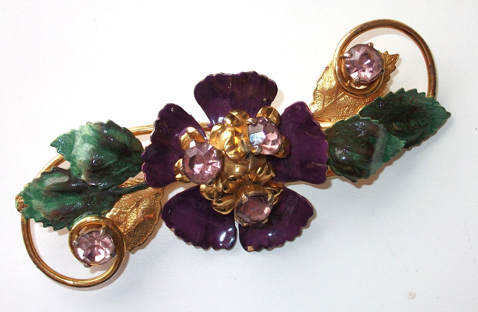 Lg.Sterling silver,Gold tone,enamel,vintage brooch,flower,purple,crystals,