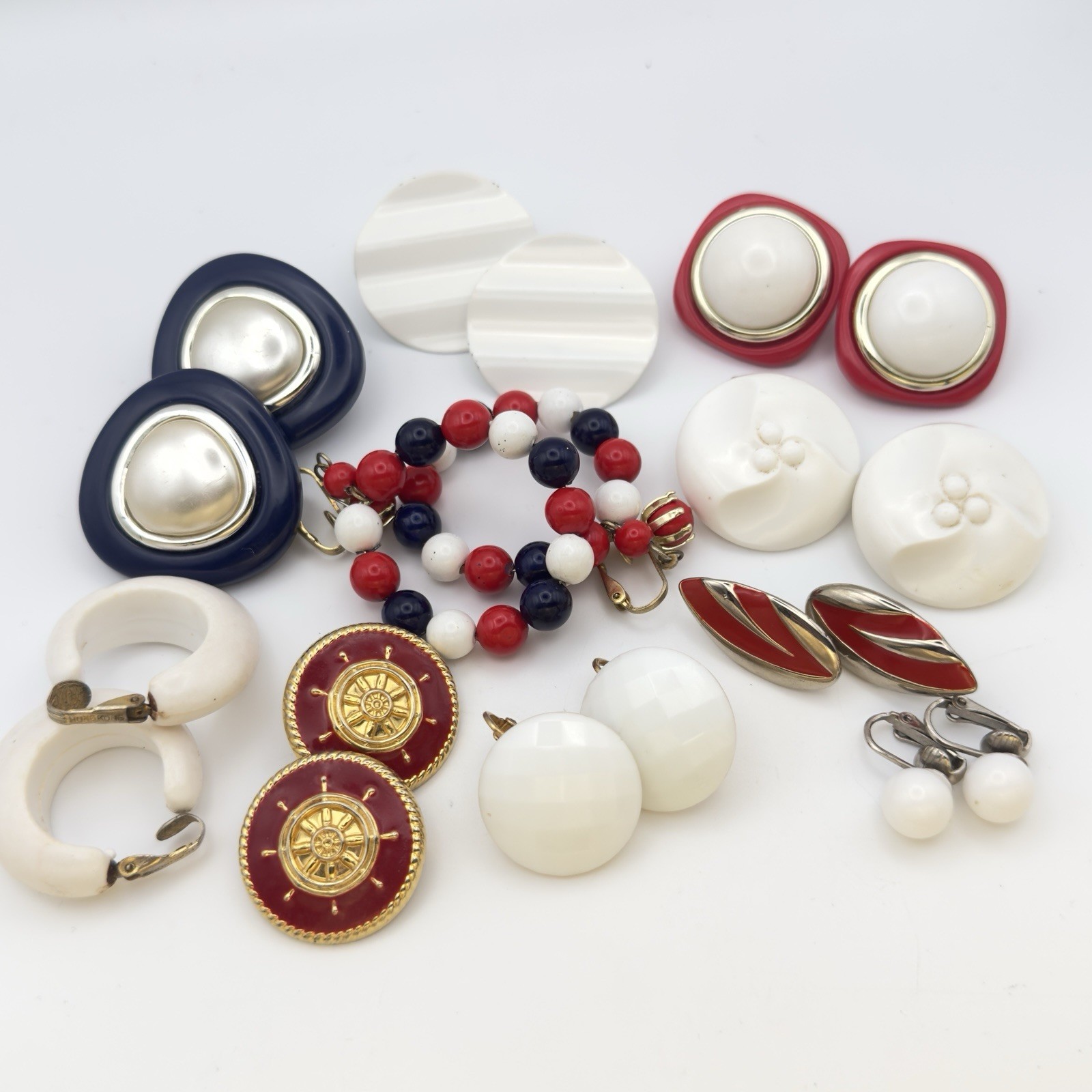 Vintage Clip On earrings Lot Nautical Red White Blue Hoop Button Retro 10pr USA