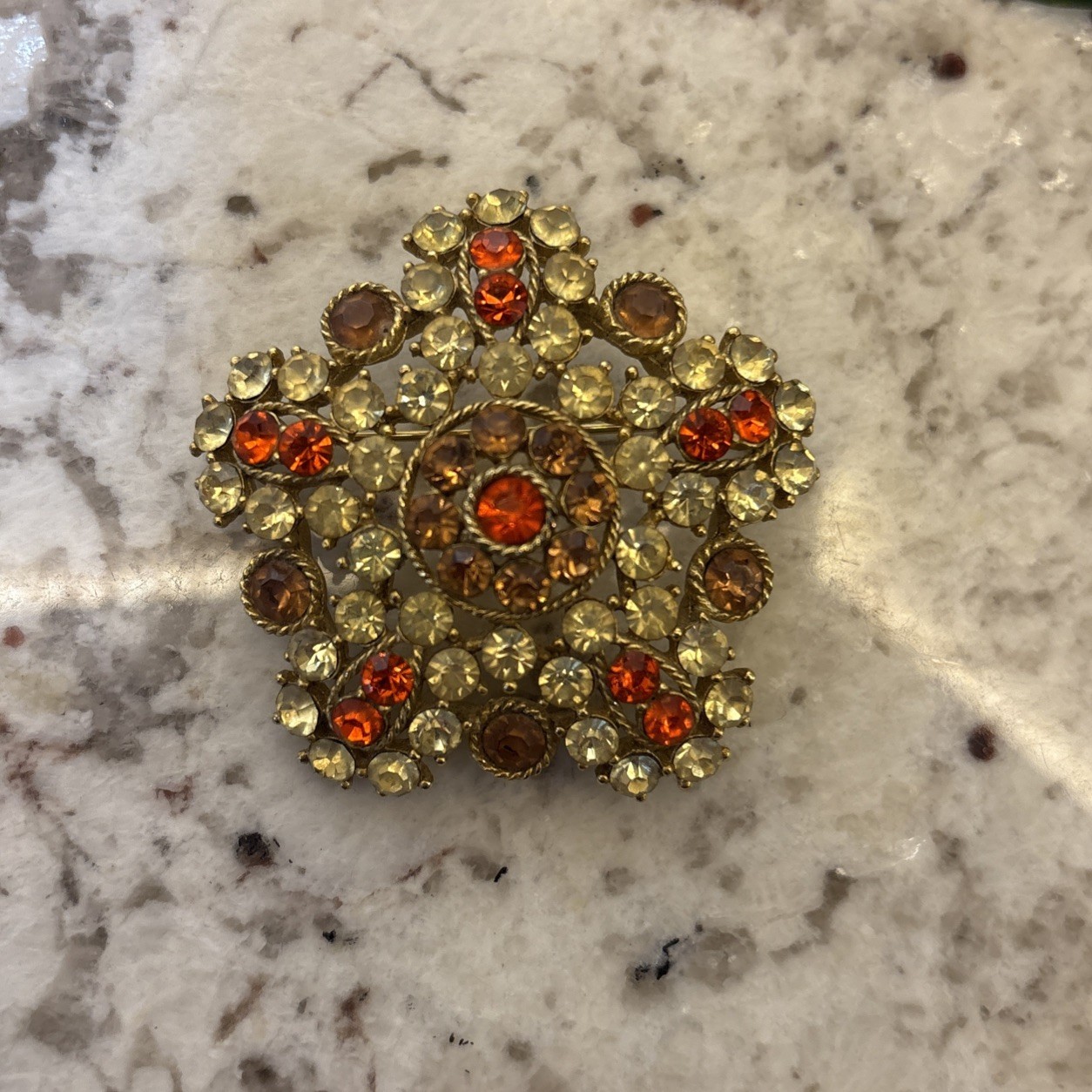 Vintage Round Floral Rhinestone Brooch Pin Fall Colors Green Orange Brown Gold