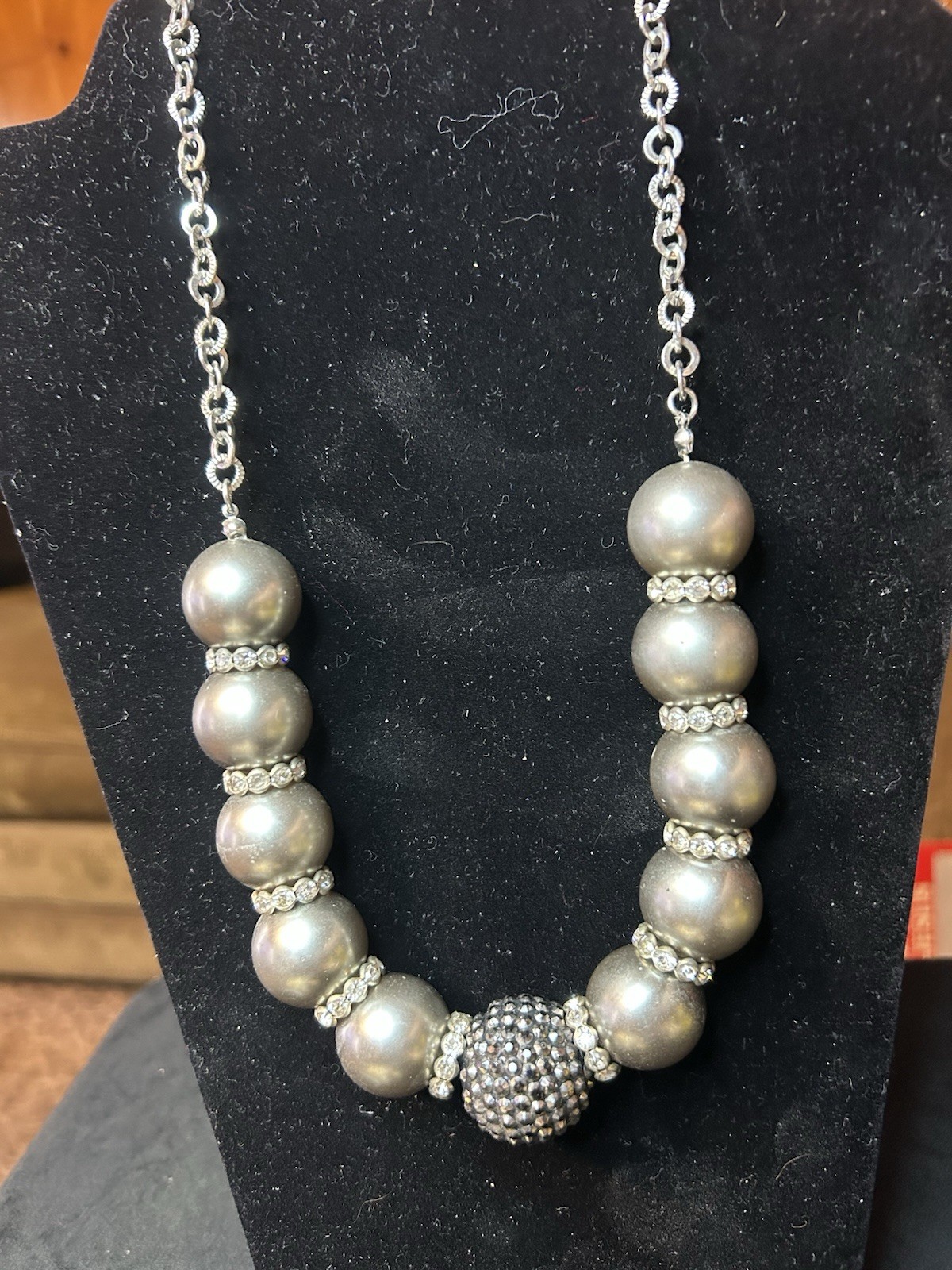 Gray Pearl And Rhinestone Necklace Vintage 22” J-3