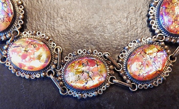 Vintage JOY MEX 925 Sterling Silver Dragons Breath Cabochon Link Bracelet K2