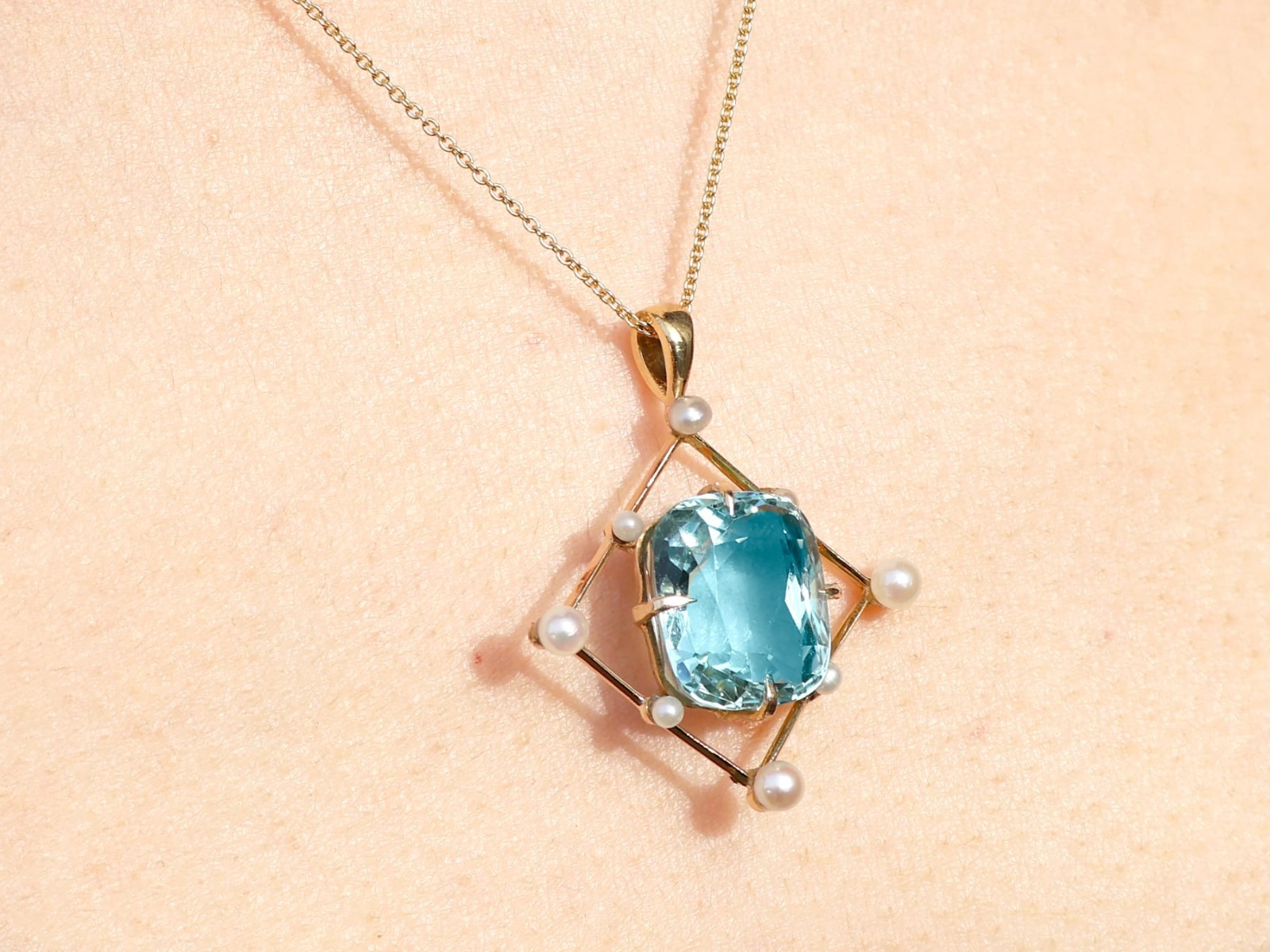 Antique 8.50Ct Aquamarine and Pearl 12k Yellow Gold Pendant Circa 1930