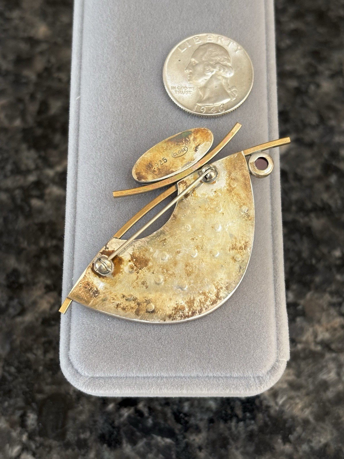 Artisan Deborah CLOSE Sterling Silver Mixed Metal Garnet Onyx Modernist Brooch