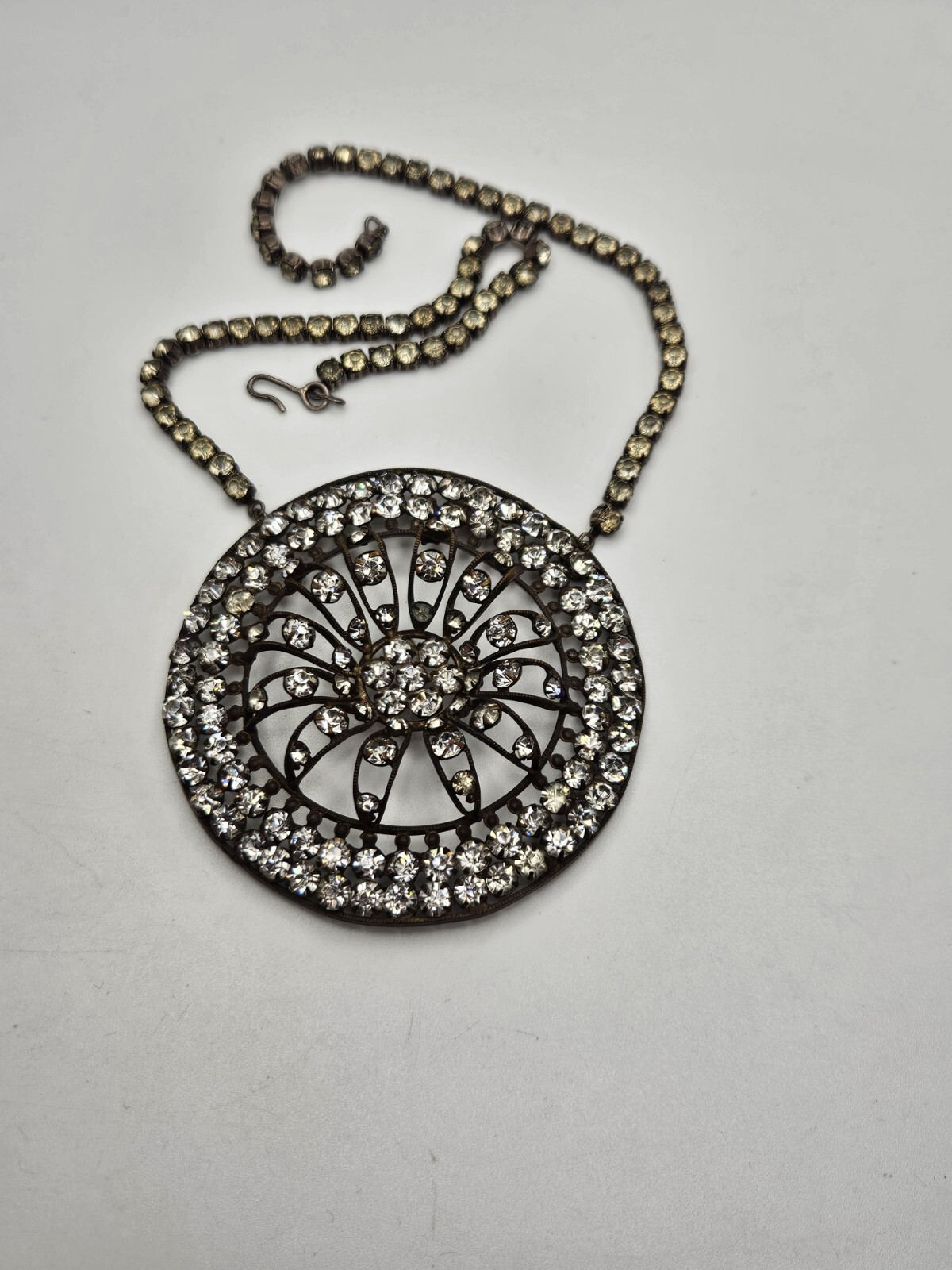 As Is Vintage Silver Tone Clear Rhinestones Ornate Pendant Collar Necklace