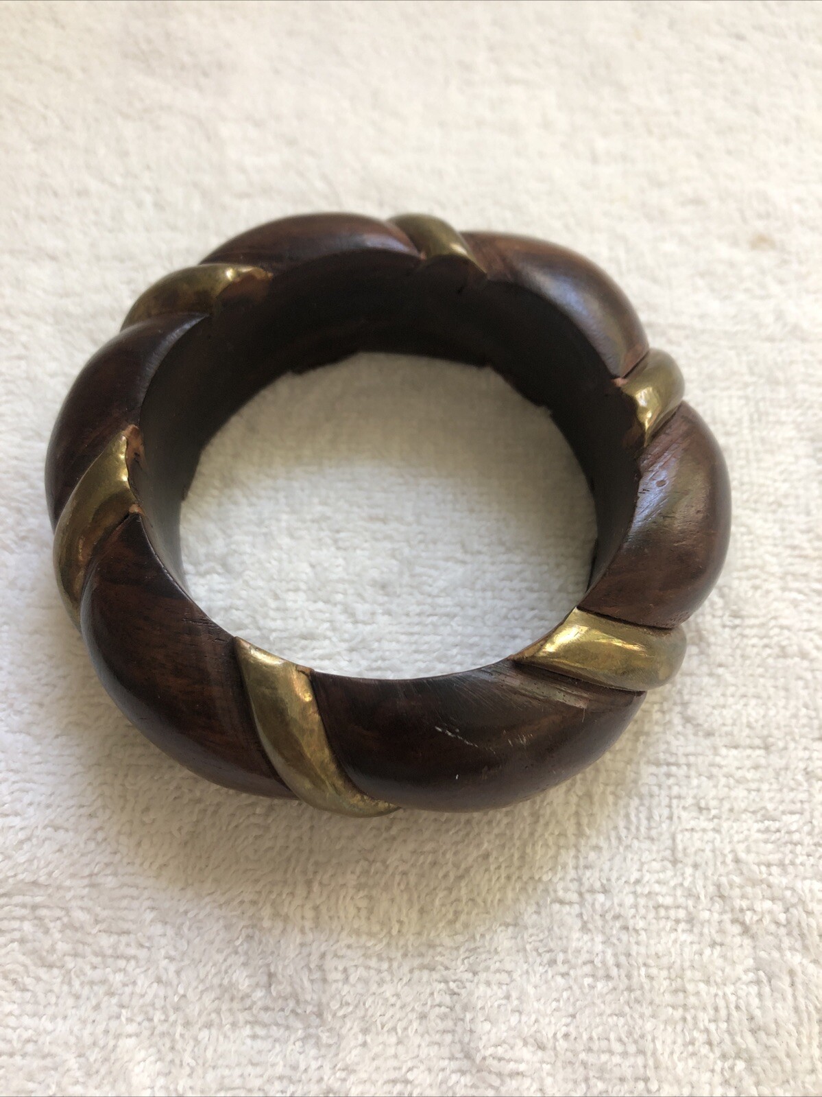 Vintage 1960’s Dark Brown Wooden Bangle with Gold Tone Metal Inlay Bracelet