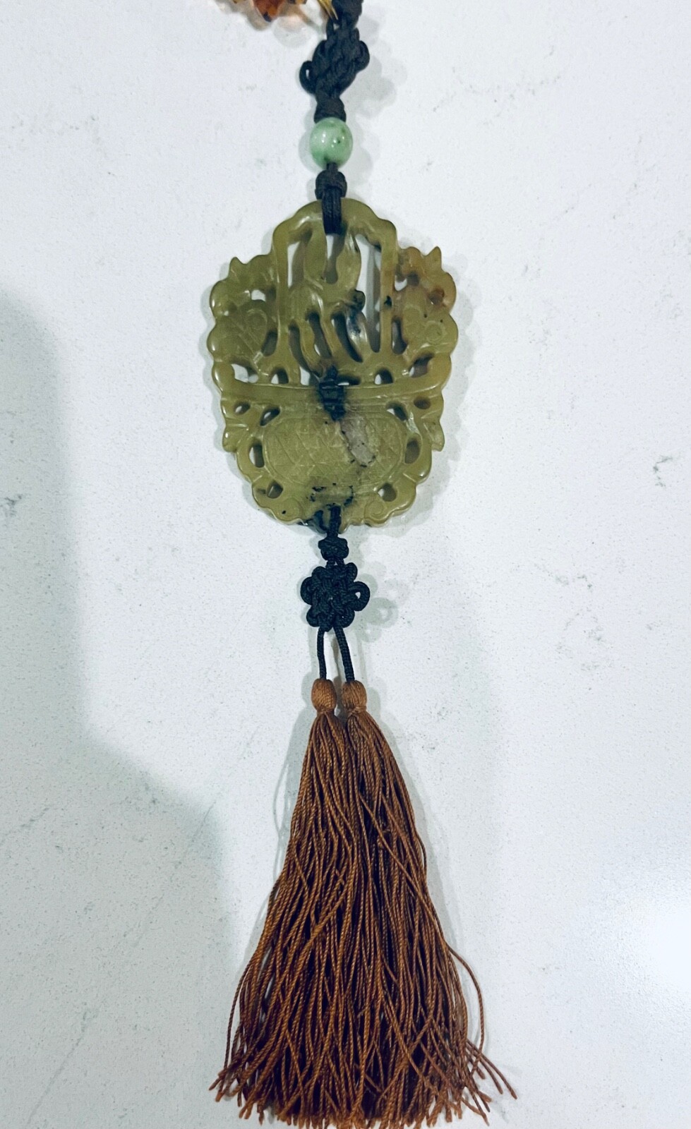 Vintage MCM Jade Pendant Necklace With Amber Glass Beads & Silk Tassel, STUNNING