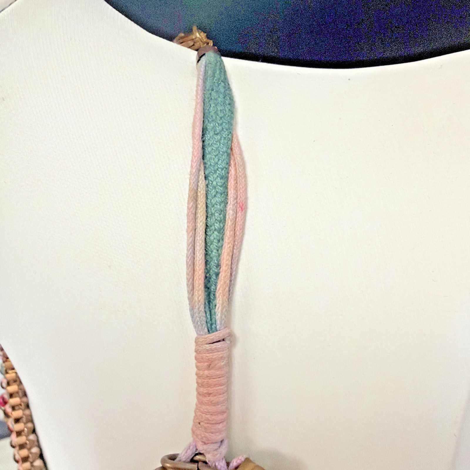 Vtg Egyptian-style Spiked BIB necklace W/ Copper Tone Spikes Pink & Green Beads