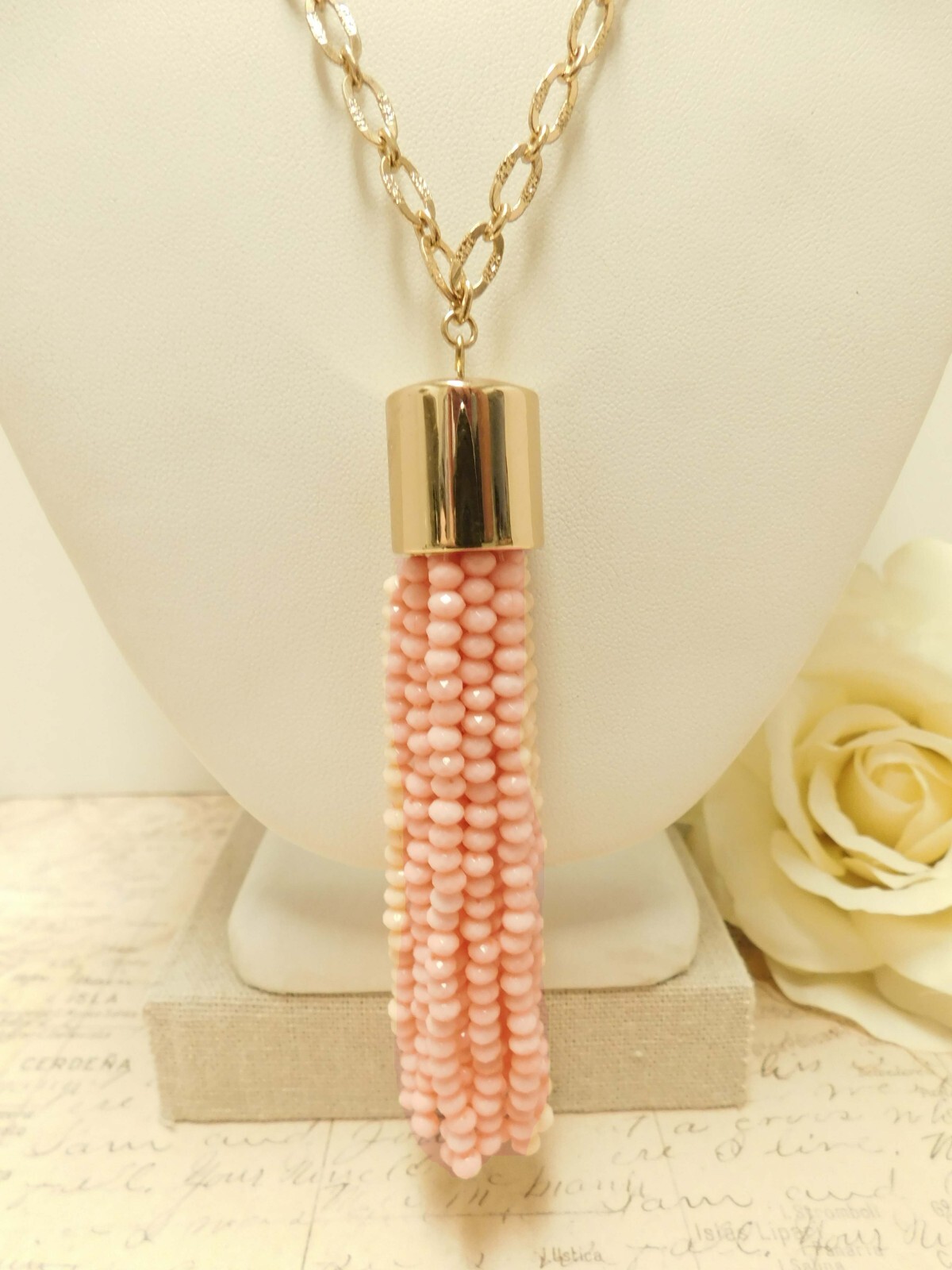 SUGARFIX PINK ACRYLIC BEAD TASSLE FASHION NECKLACE 30″