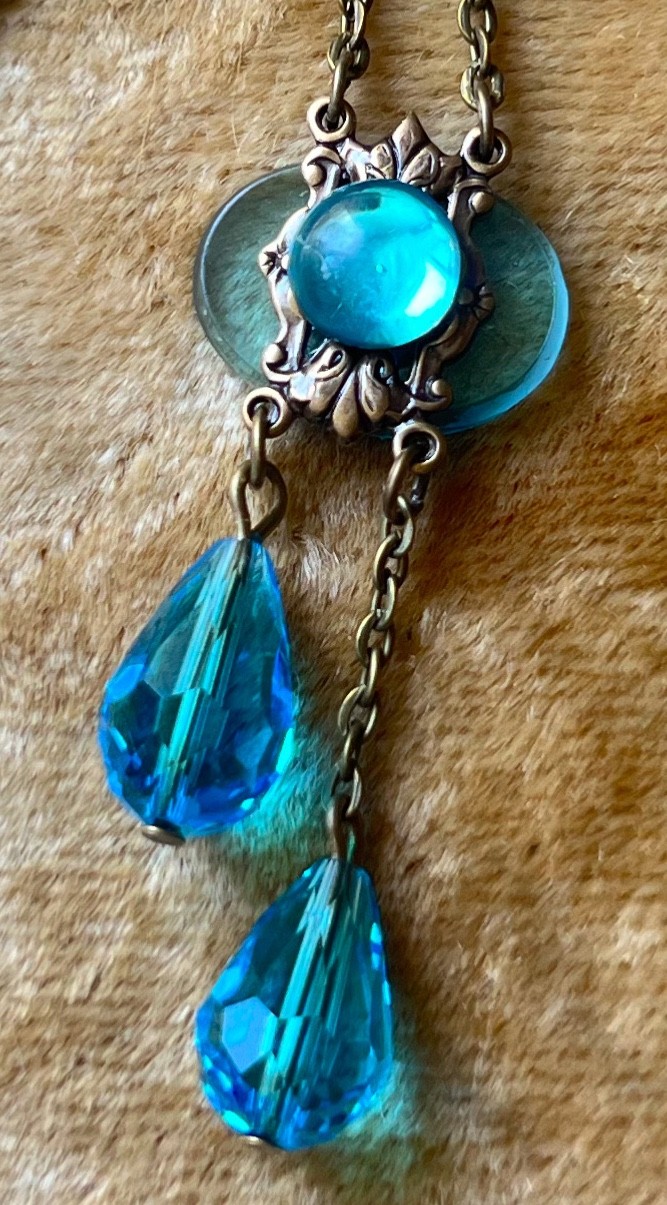 Vintage Necklace Delicate Art Nouveau Brass Pendant Antique Aqua Czech Glass