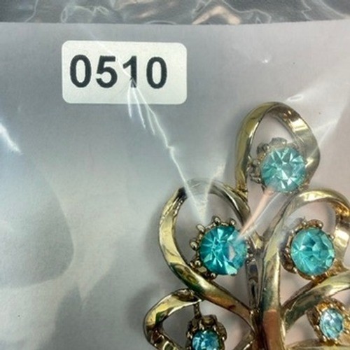 Vintage Coro Gold Tone Blue Rhinestone Brooch Leaf Ribbon Swirl