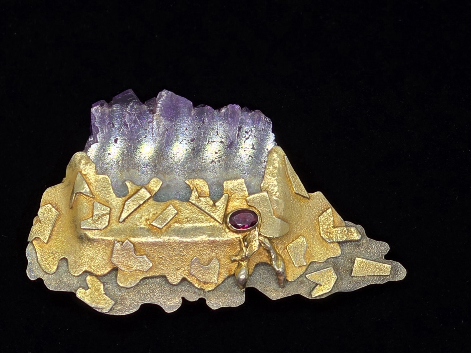 Large Vtg Artisan Sterling Silver Amethyst Geode Gemstone Brooch Pin