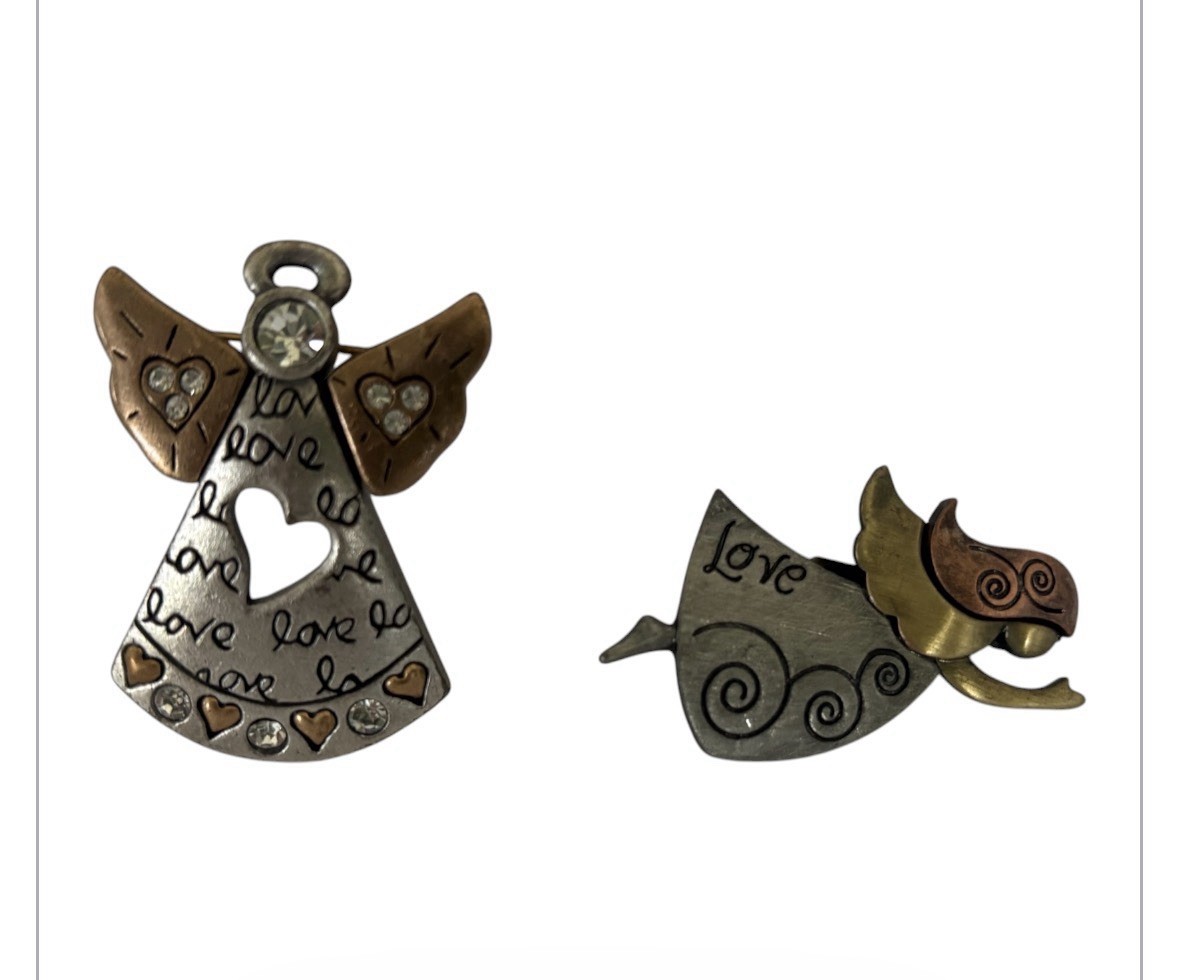 2 Vintage Angel brooch LOVE tri-colored copper silver bronze gold embossed