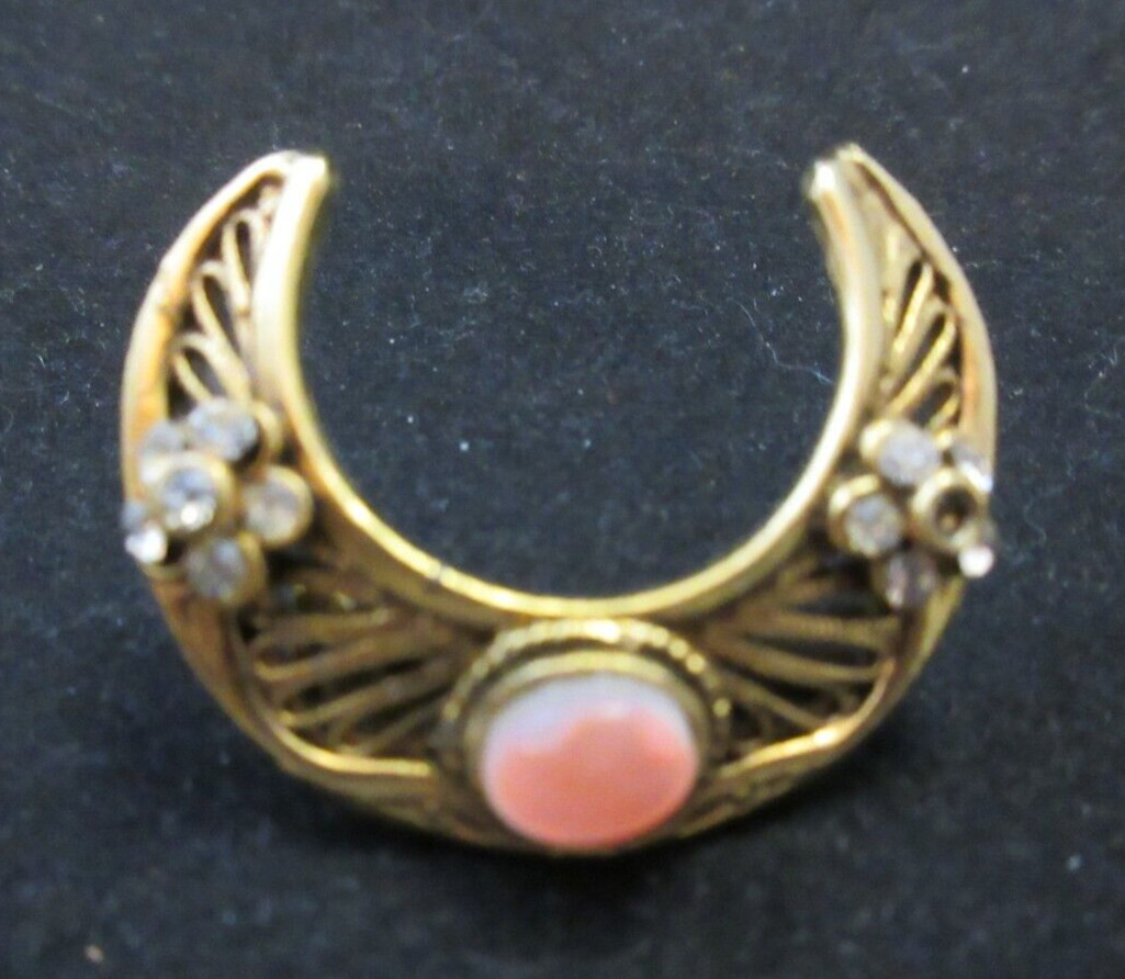 Vintage Tacoa Signed Crescent Moon Shape Clear Rhinestone Pink Cab Brooch