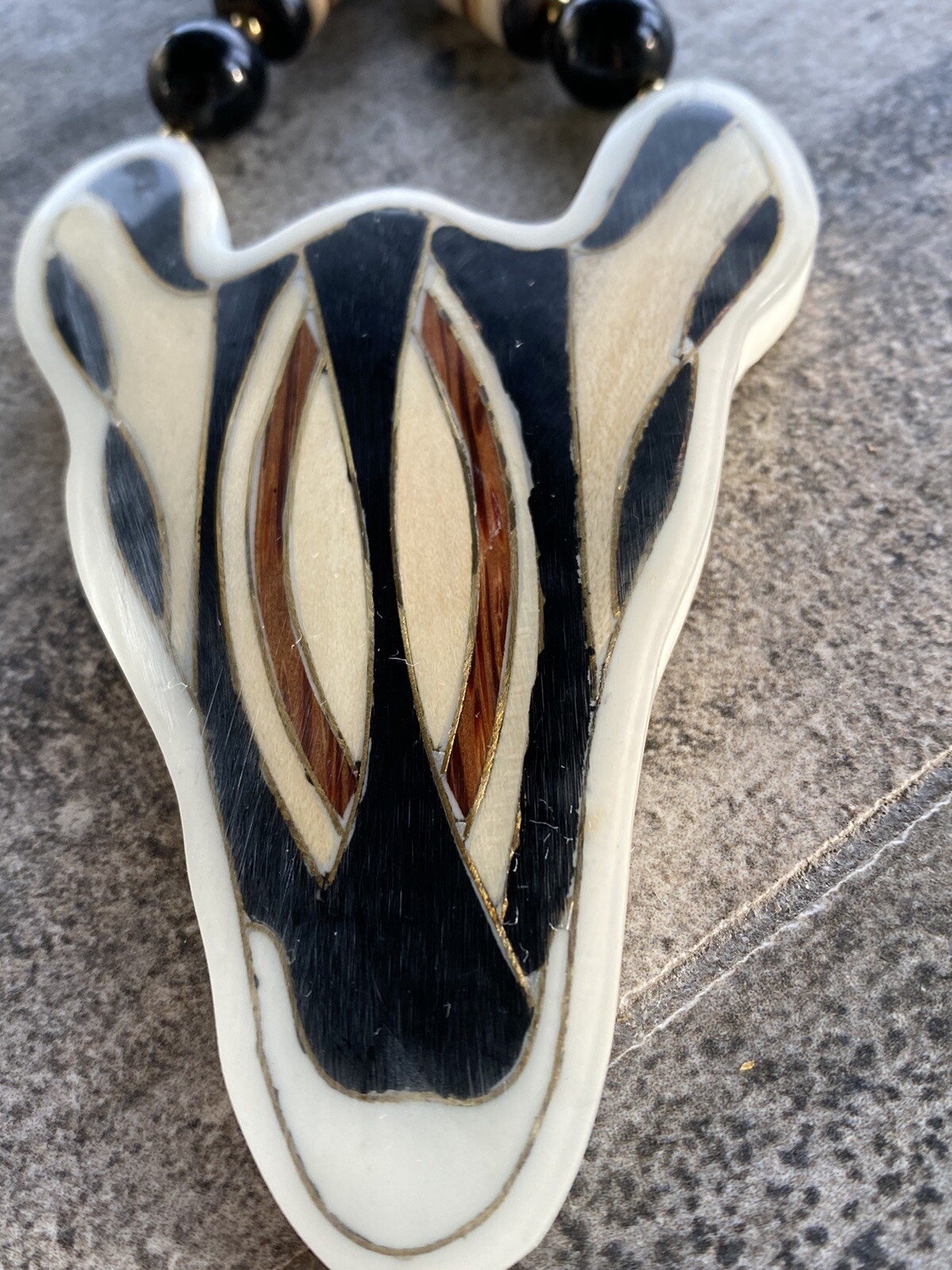 Lee Sands Necklace Zebra Wood Inlaid Beaded Africa Safari VTG Animal Estate