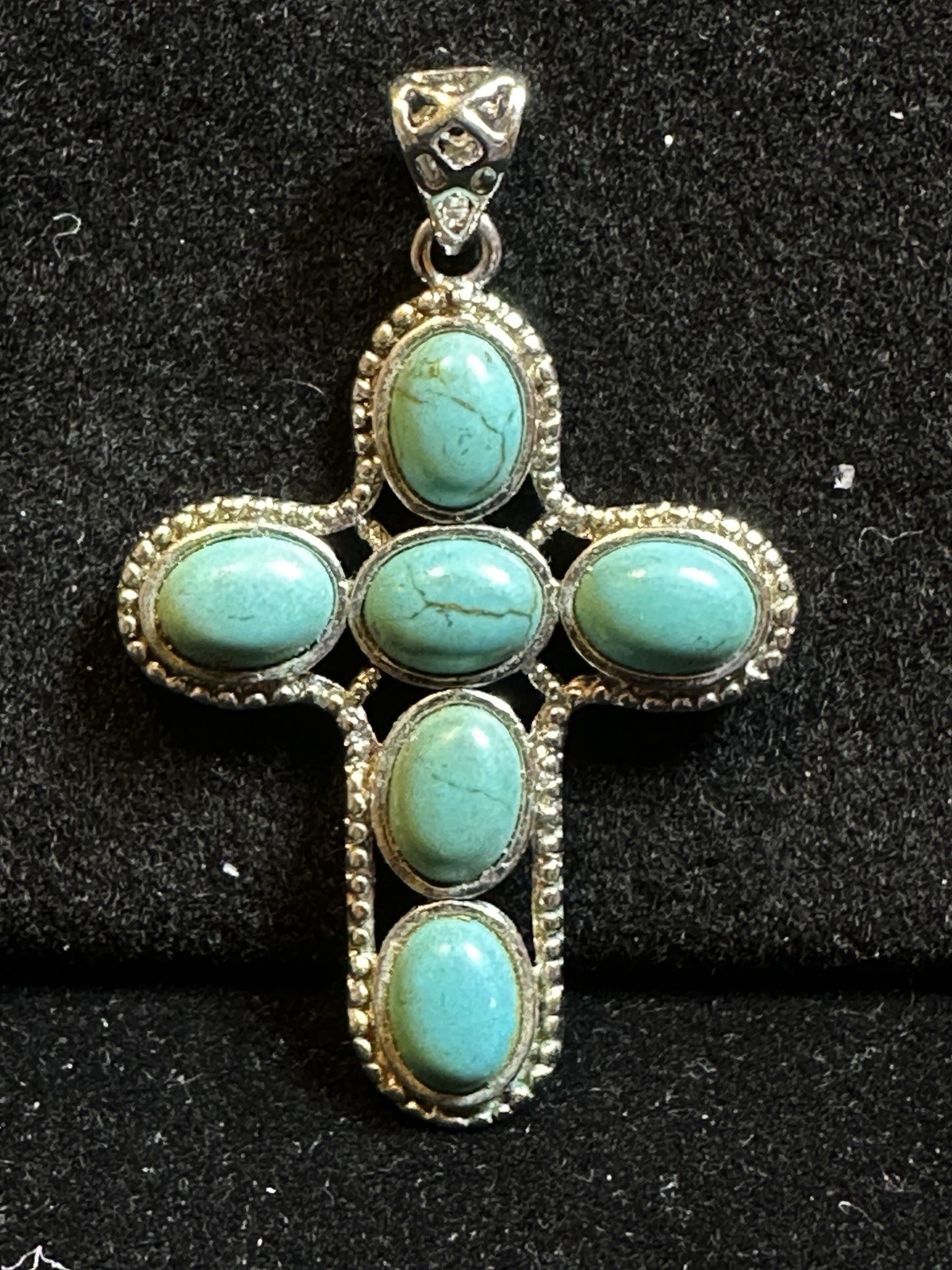 Vintage 1.5” South western style Silver Toned Faux Turquoise Cross