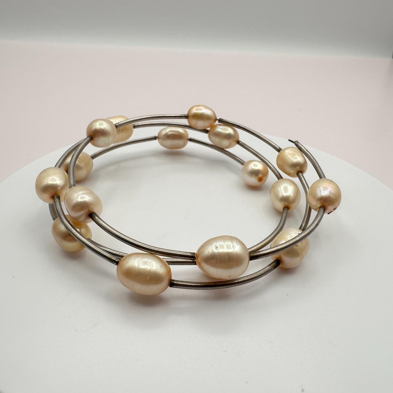Vintage 90s Multi Strand Pearl Coil Wrap Bracelet Silver Tone Women’s Jewelry