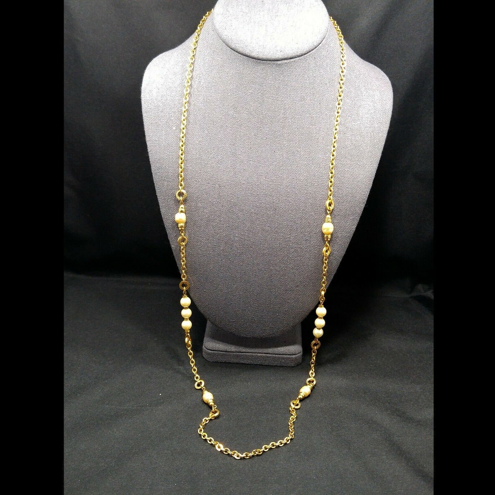 Vintage Monet Long Gold Chain Necklace Faux Pearls 1970s Sister Clasp 36″