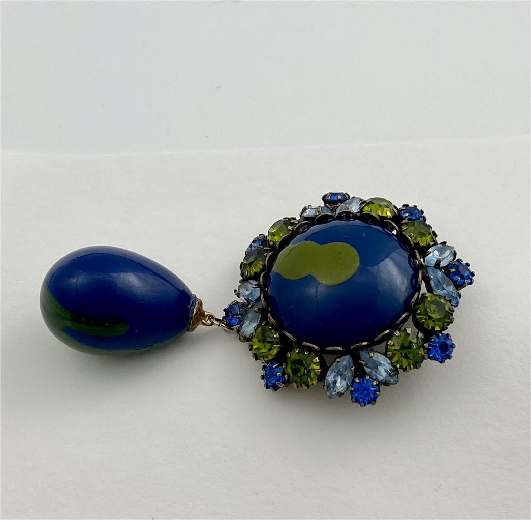 Vintage 60’s Blue / Green Rhinestones & Enamel Drop Dangle Brooch Pin