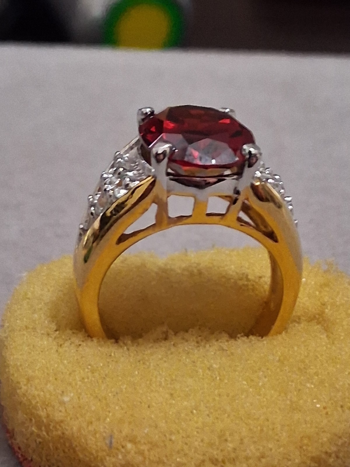 Deep red oval glass halo CZ accent ring, gold-tone, art deco style SZ 5.75