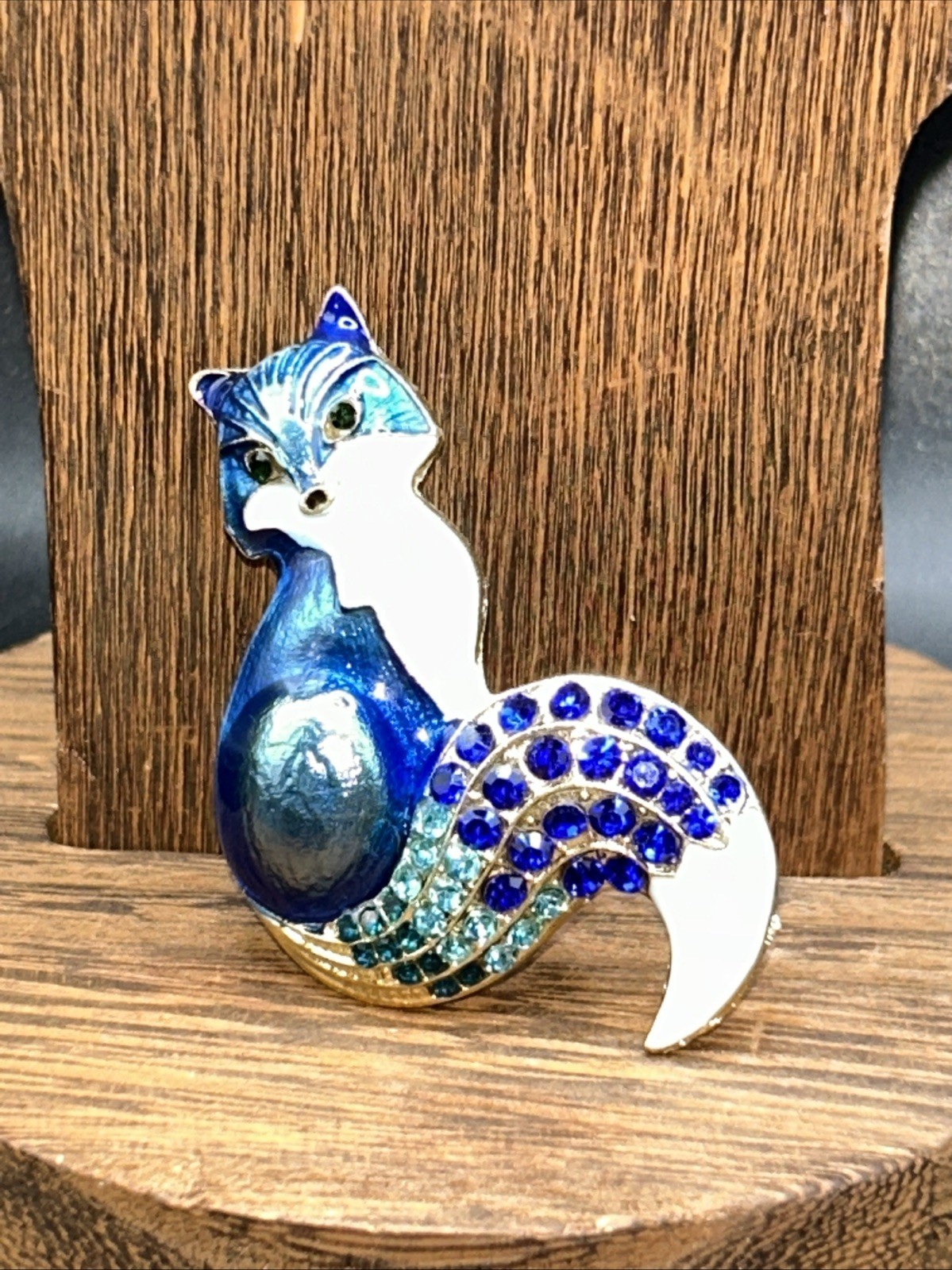 Blue Fox Brooch Pin Goldtone Metal Enamel Crystals Convertible Pendant Modern