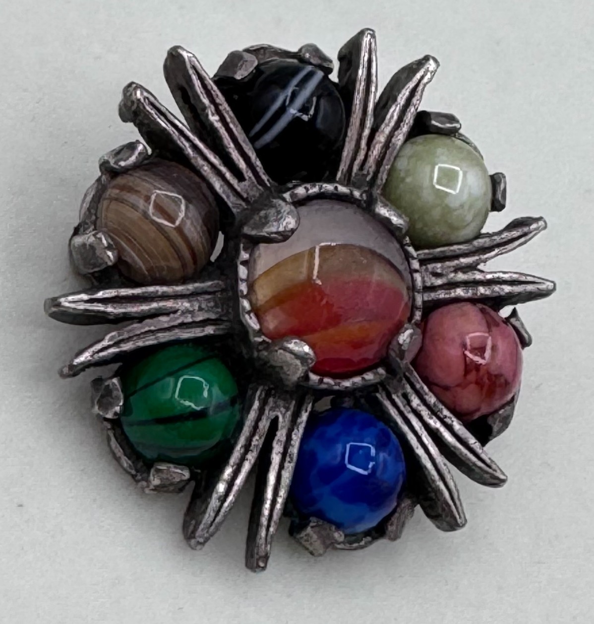 Vintage Miracle Scottish Celtic Pewter Agate Multi-Stone Starburst Brooch Pin
