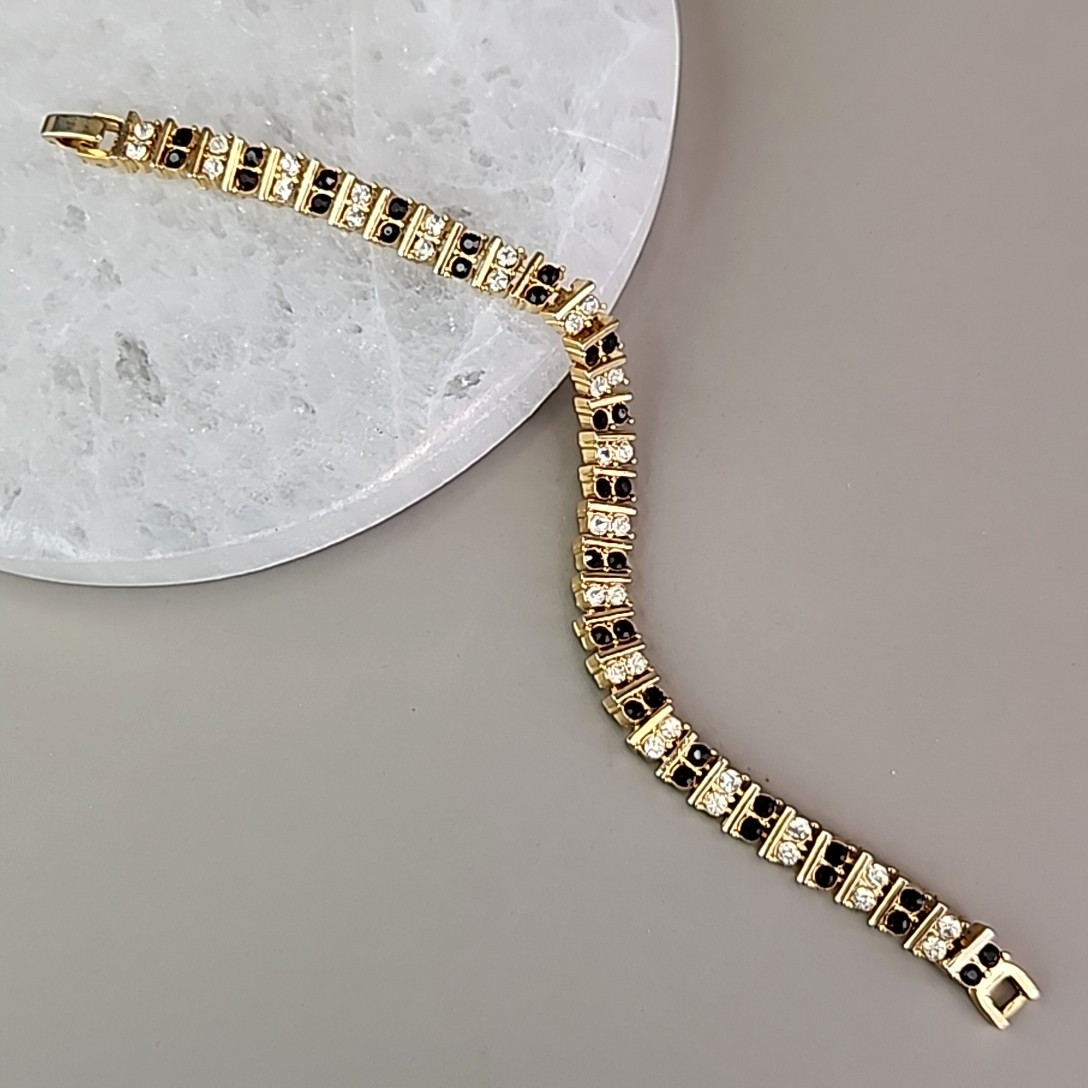 Vintage Rhinestone Chain Bracelet Black Clear Gold Tone 7″