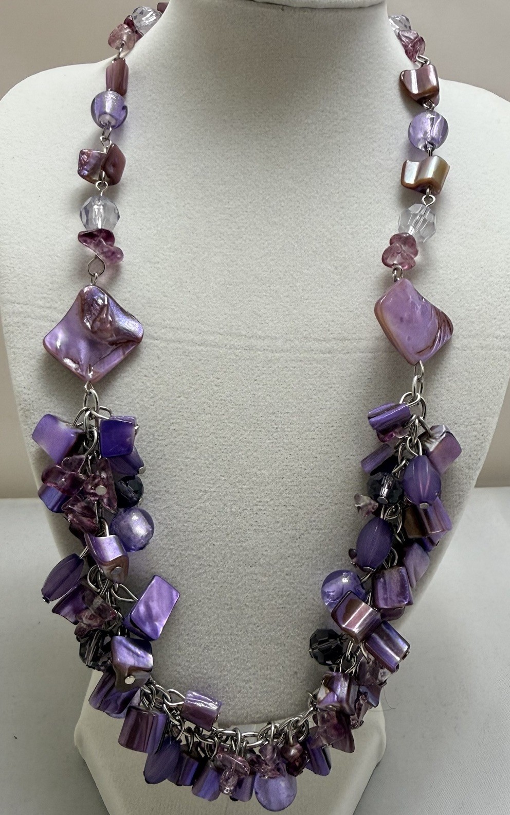 Vintage Purple Statement Necklace Chunky Bib Fringe Shell Glass Beaded Boho NEW