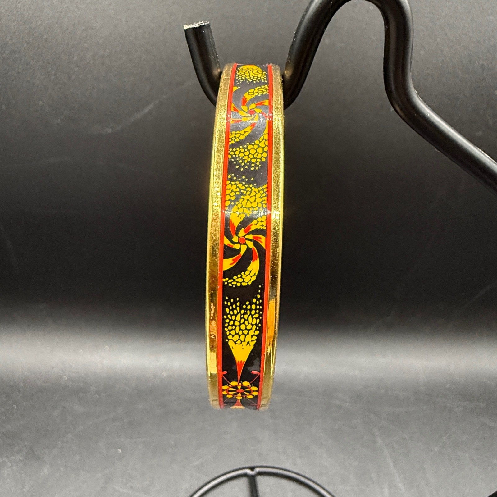 Hermes Vintage Enamel Bangle Bracelet Women Gold Red Yellow Floral Narrow