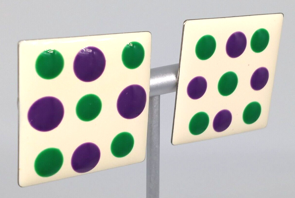 Polka Dot Earrings Purple Green White Enamel Mod Silver Tone Pierced Vintage