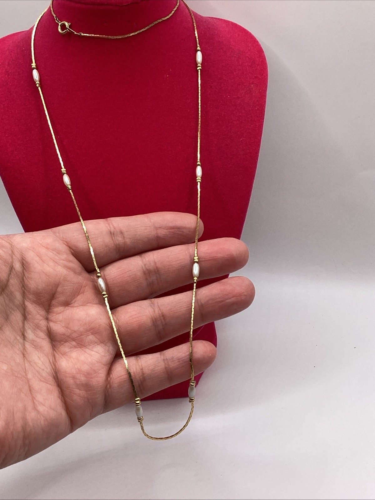 Vintage Gold Tone Bar And Link Station Necklace With White Faux Pearls 30in Long