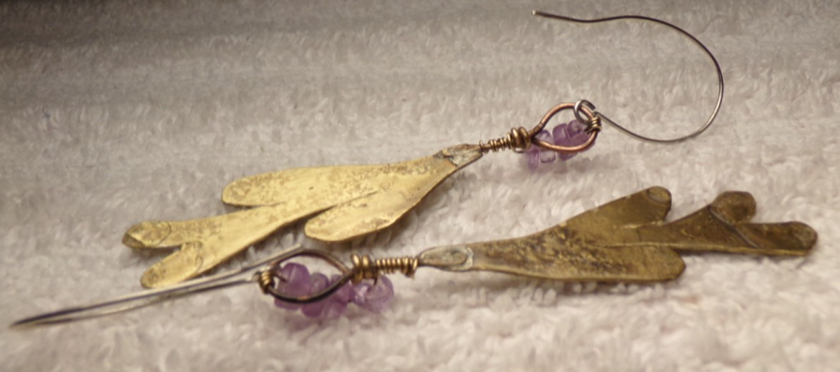 VTG 1960’S BRUTALIST STERLING SILVER GOLD BRASS AMETHYST MODERN PIERCE EARRINGS
