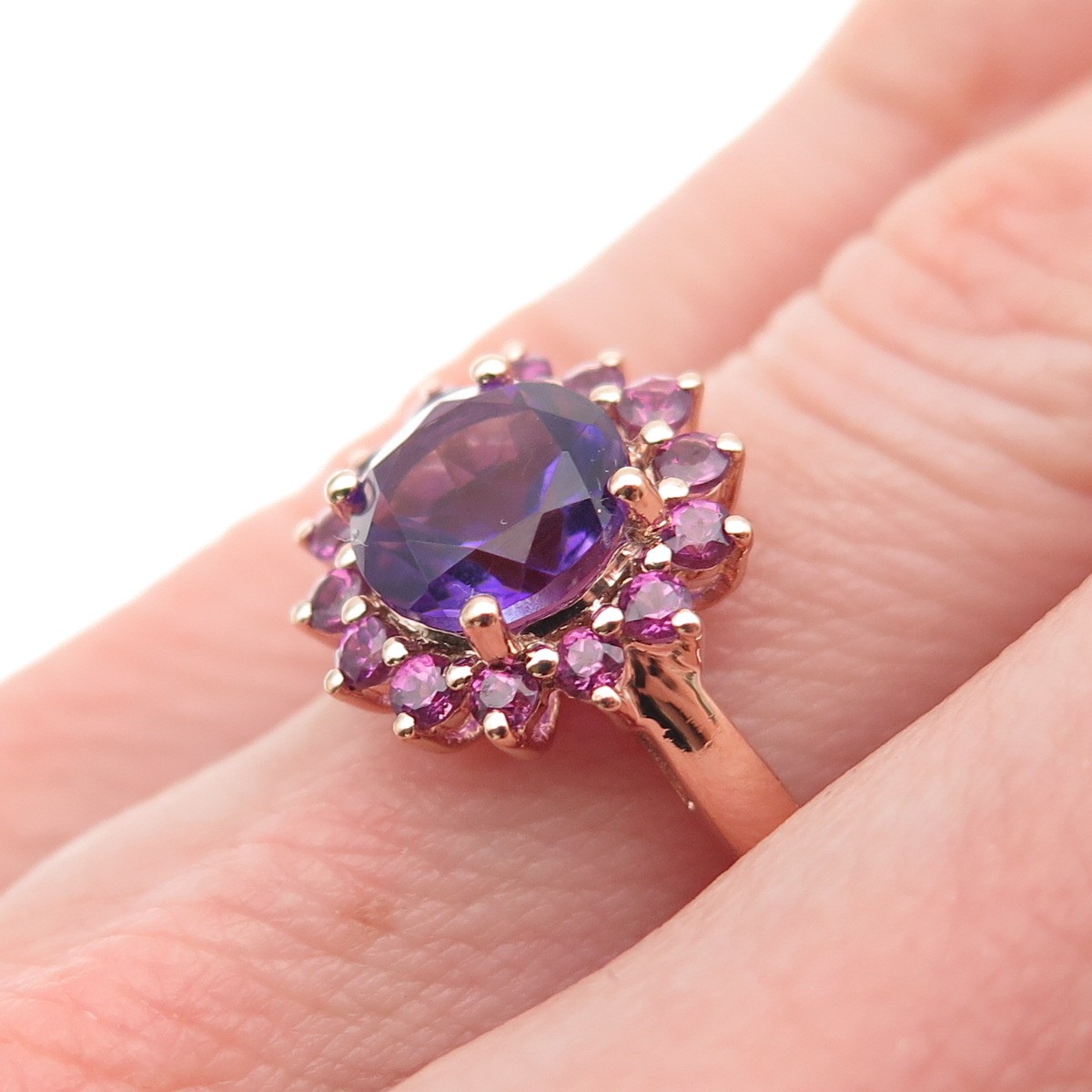 925 Sterling Silver Rose Gold Plated Vintage Real Amethyst Ring Size 6.25