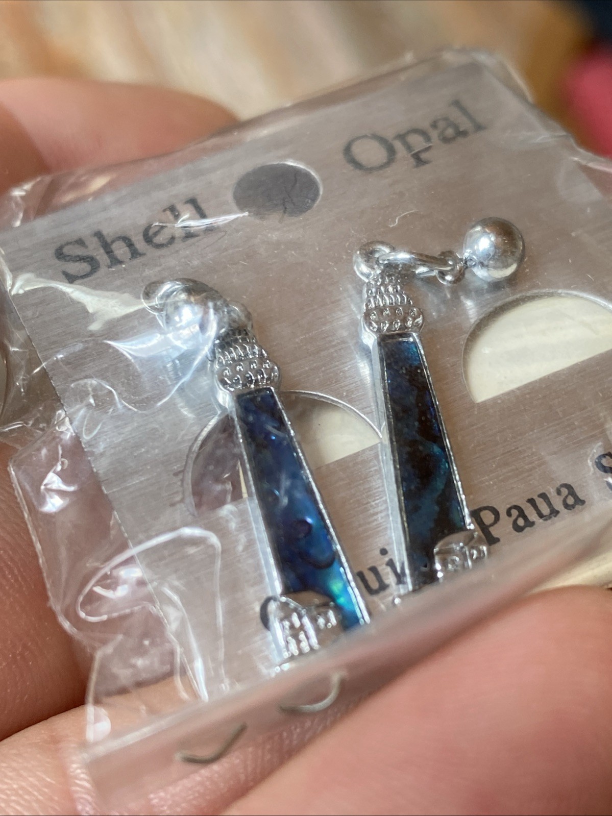 LIGHTHOUSE Blue Paua Shell Dangle Earrings Abalone Inlay Silver Tone Pierced NEW