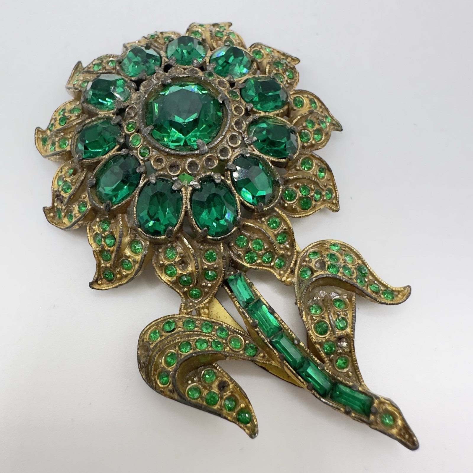 Vintage Pot Metal Dress Clip Flower Gold Tone Green Rhinestones 3″