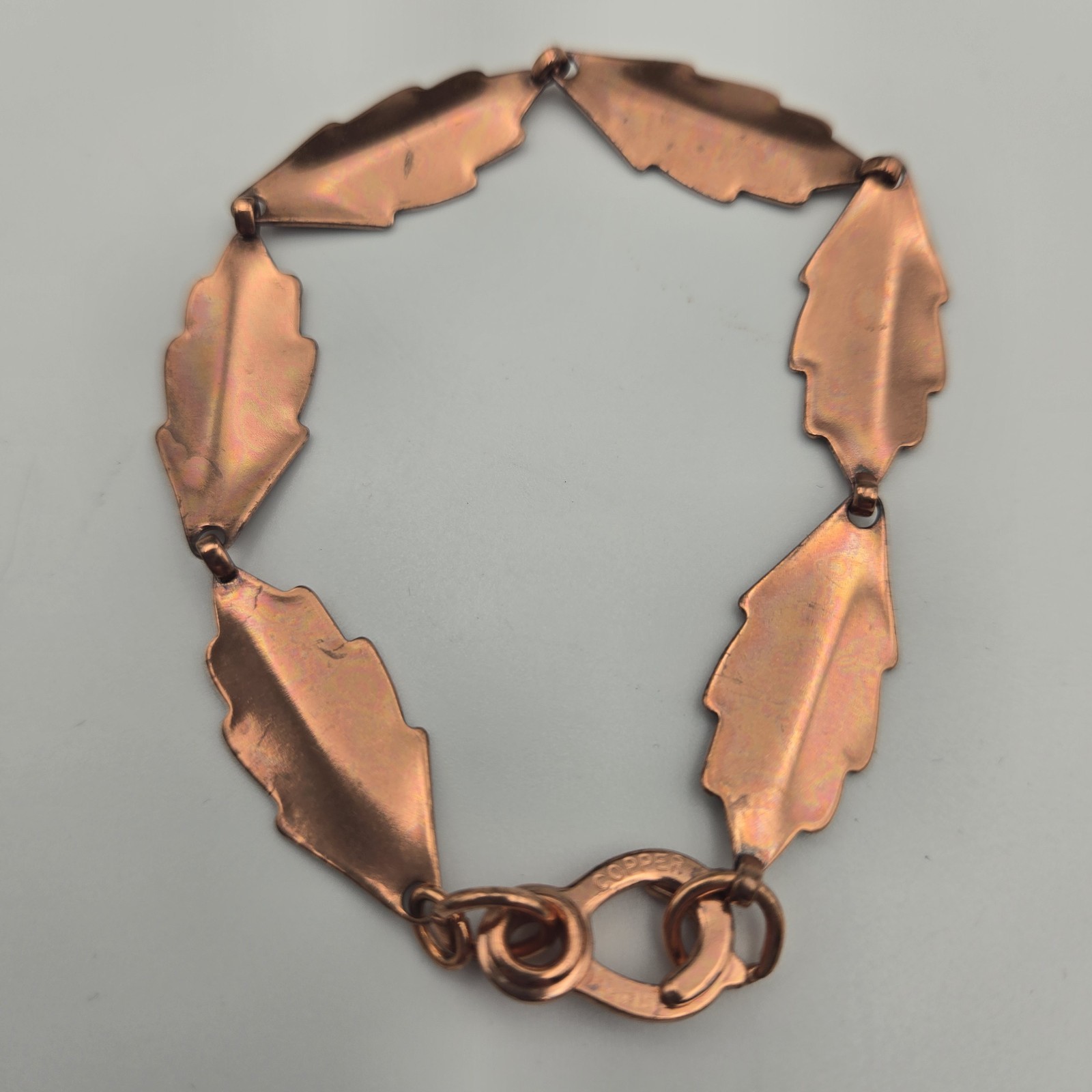 Vintage Copper Bracelet Etched Leaf Link Sister Hook Mid Century Modern MCM 8”