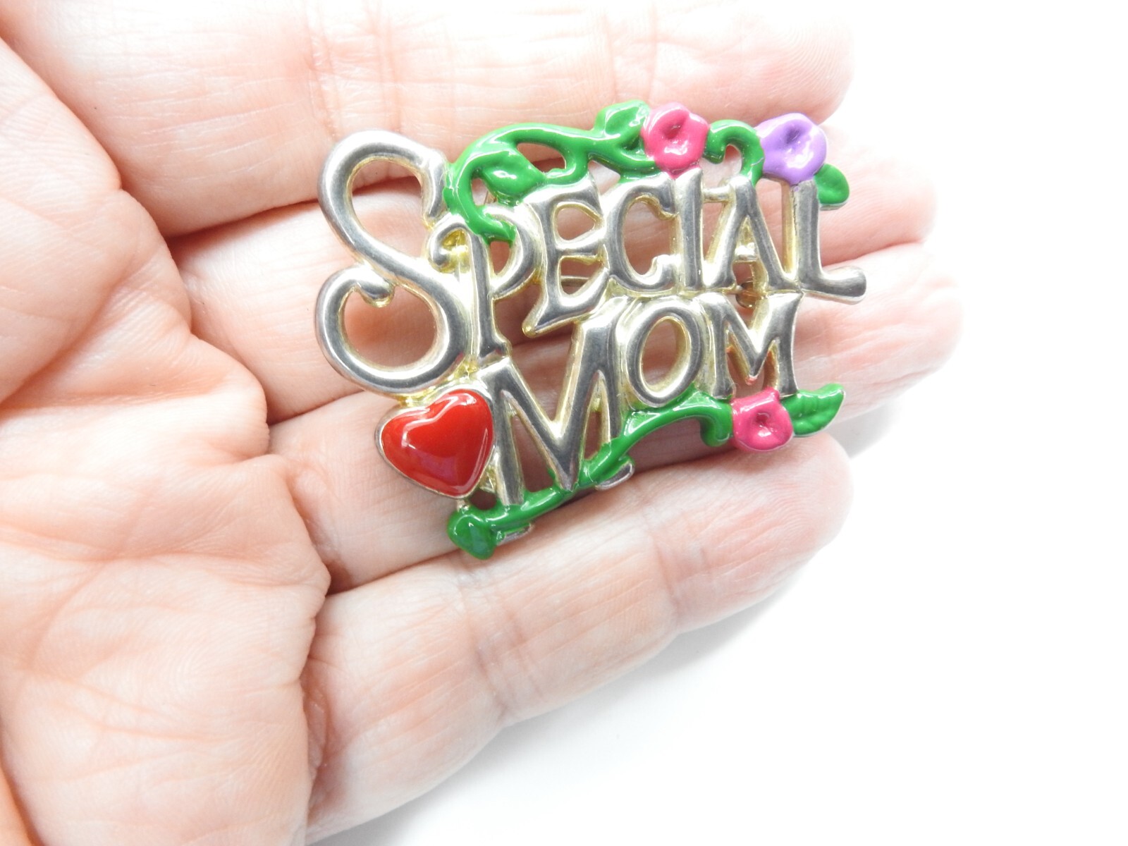 Signed BEST Purple Pink Red Green Enamel Flower Heart Special MOM Brooch Vintage
