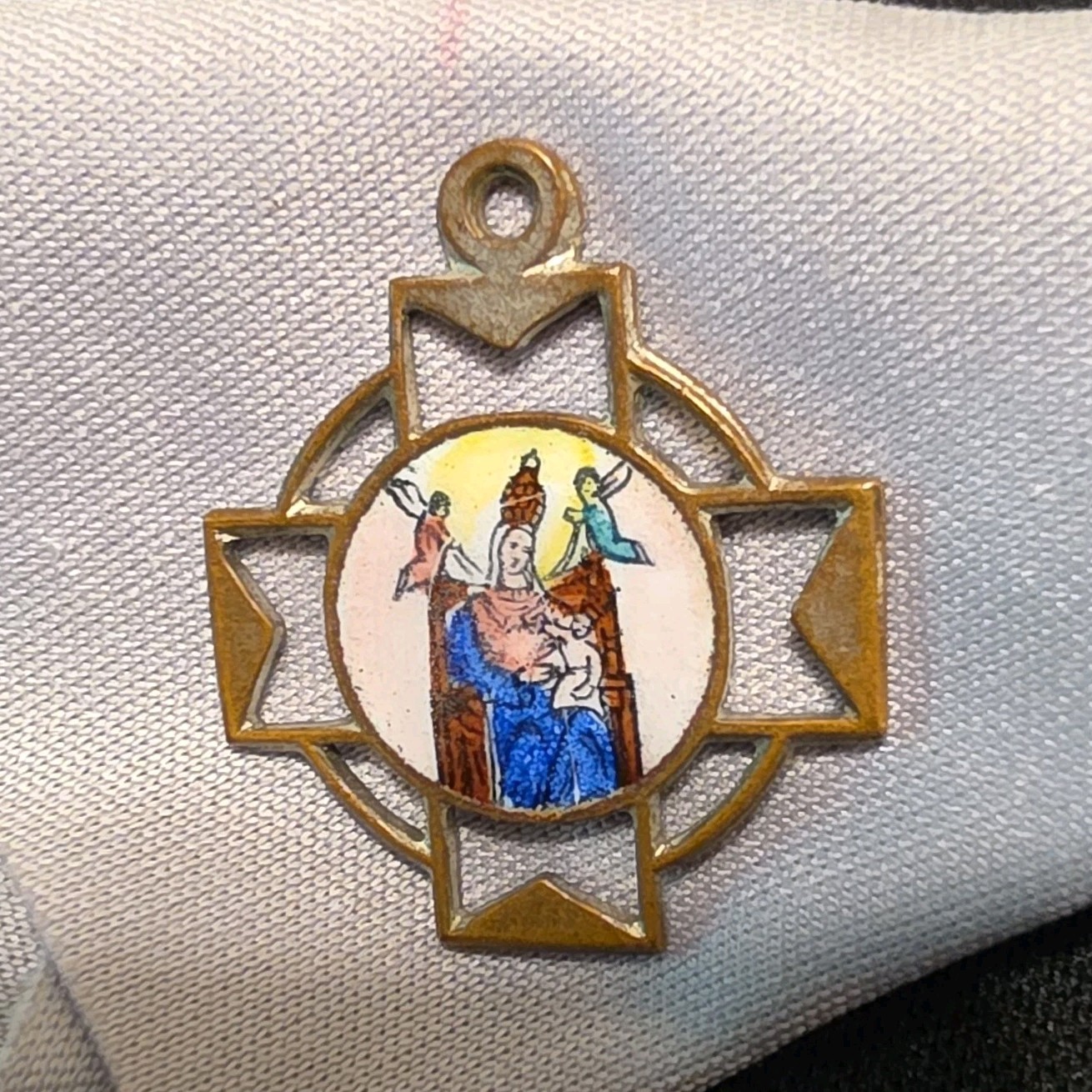 Vintage Italian Enamel Religious Medal Madonna of Oropa Cross Pendant Pilgrim