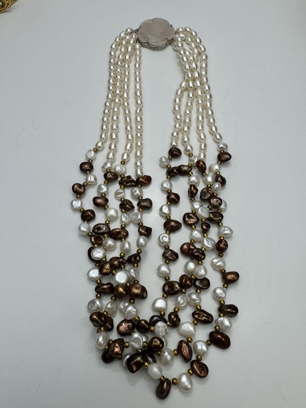 Stunning Freshwater Pearl Necklace White & Chocolate Baroque Rose Quartz Clasp