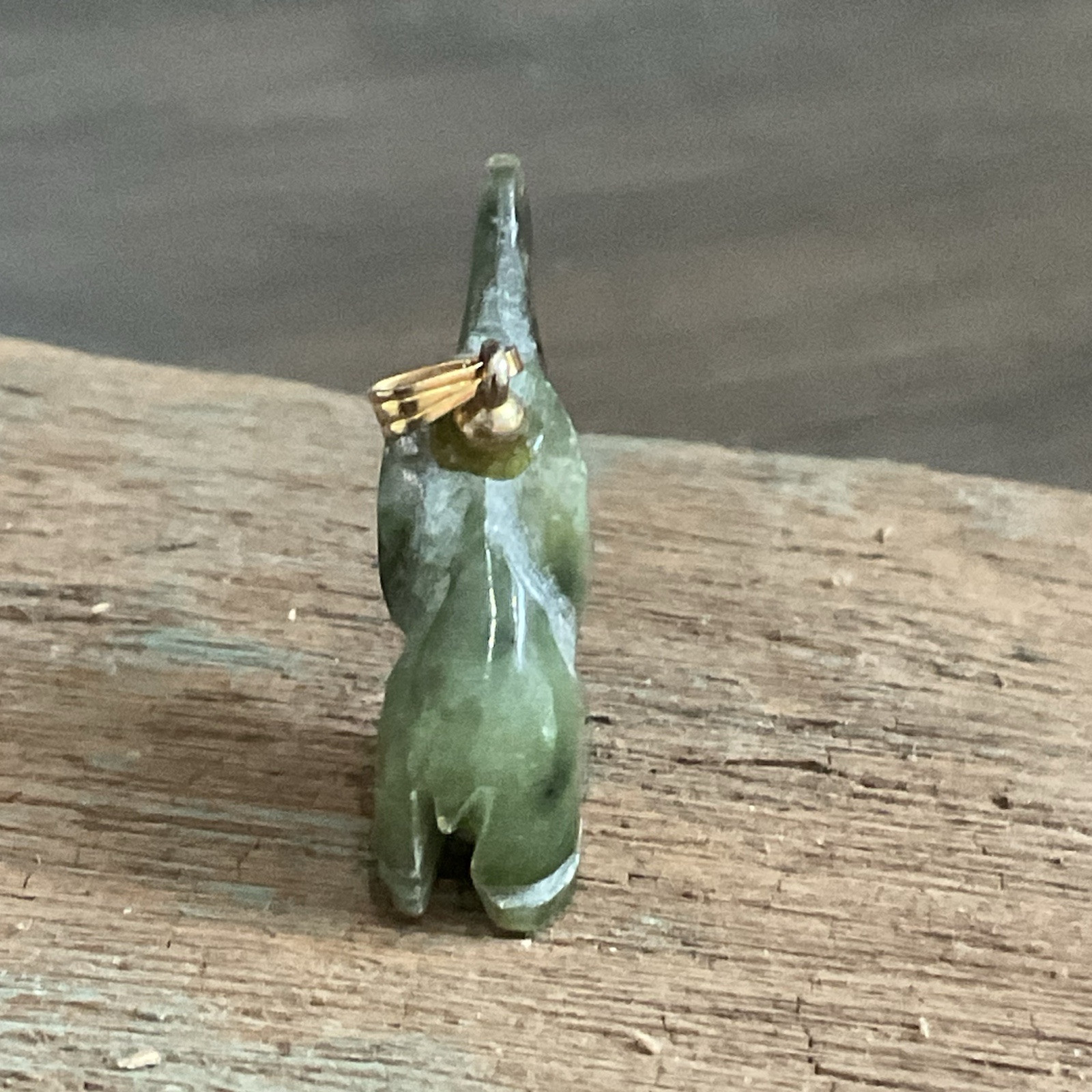 Vintage Hand Carved Genuine Nephrite Jade Elephant Pendant Charm 14k Gold Bail