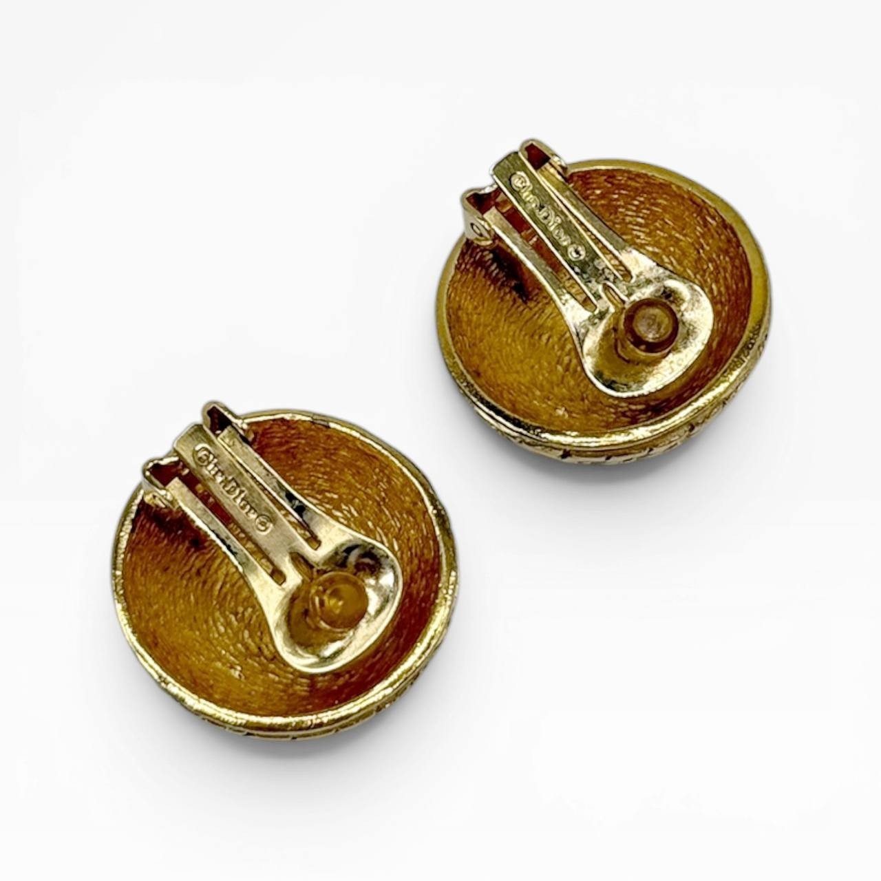 Vintage Christian Dior Gold Tone Dome Clip On Earrings Textured Signed
