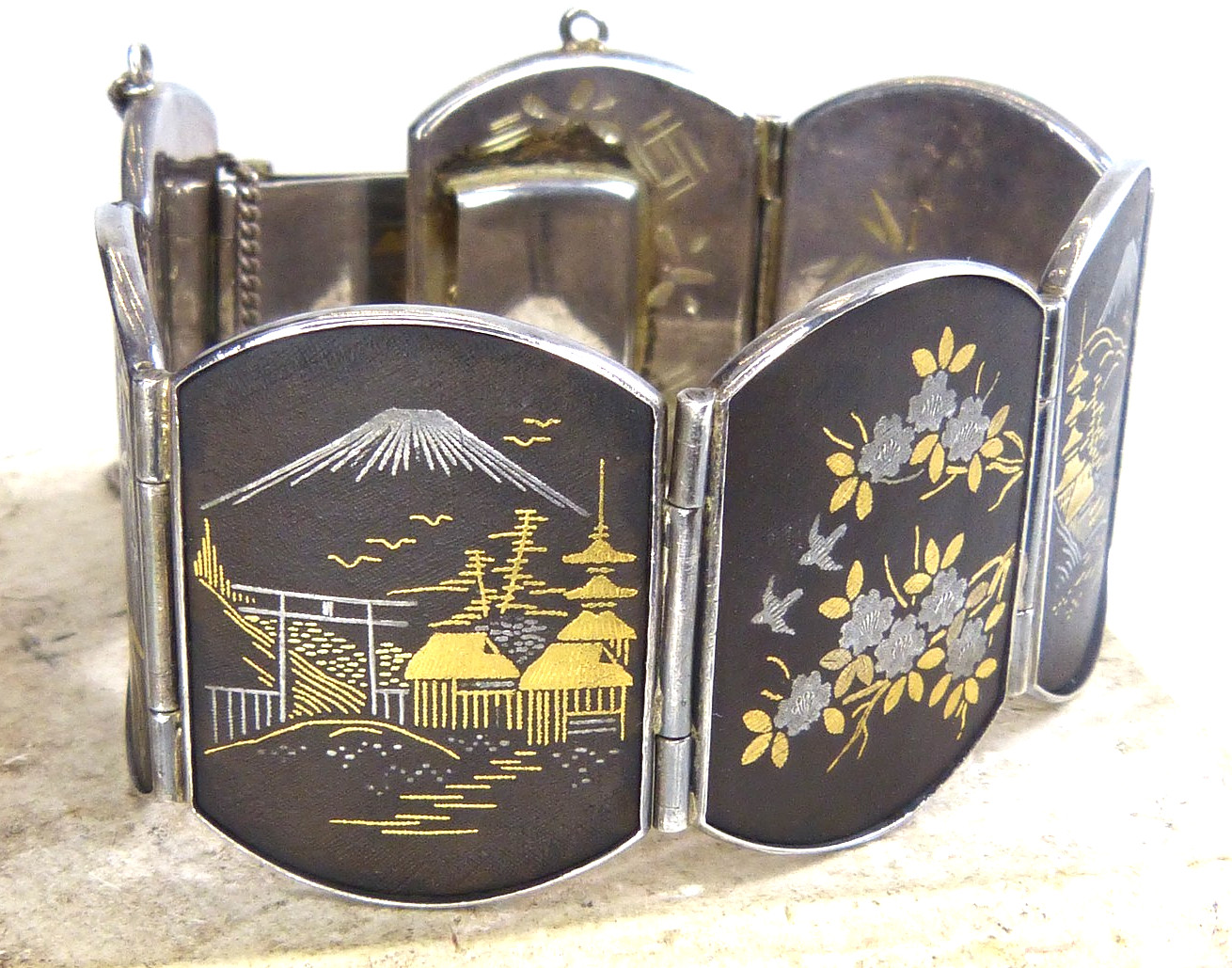 Large Antique Japanese Sterling Silver Bracelet W Mixed Metal Damascene Designs