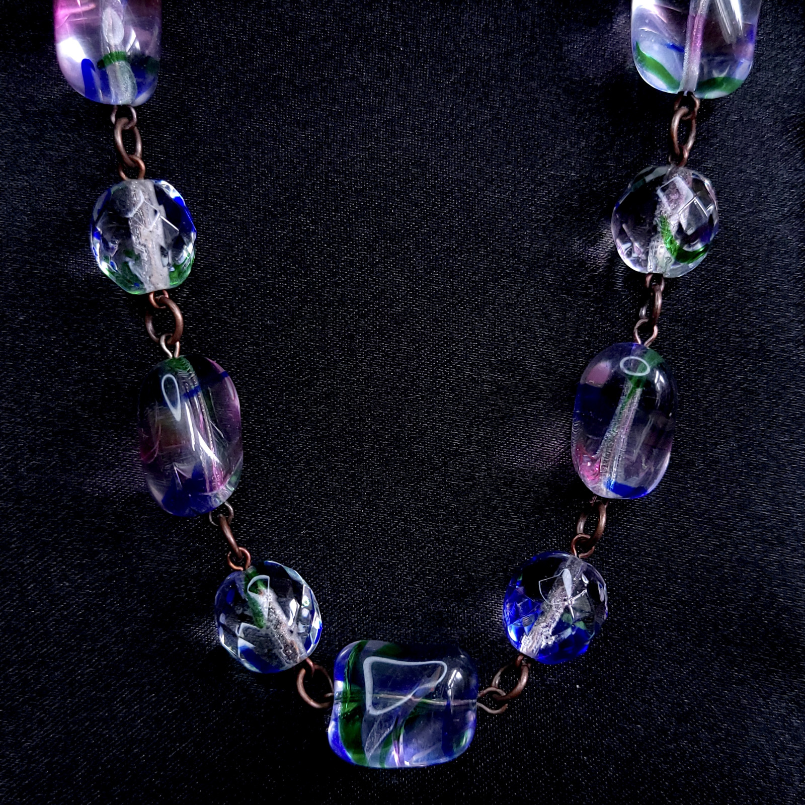 Art Deco Style Iris Glass Necklace 22inch Multicolor Glass Czech Old Beads