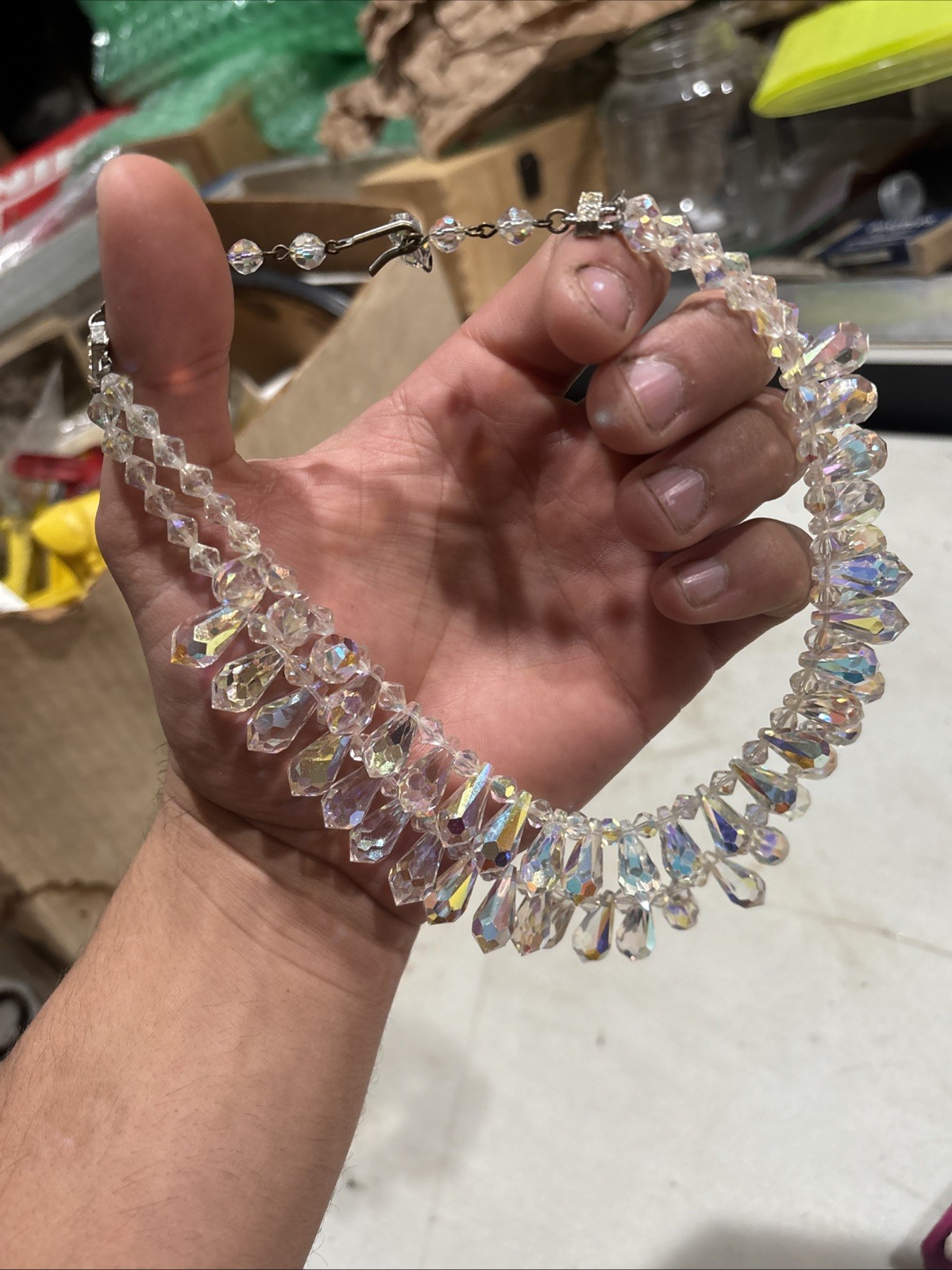 Vintage Aurora Borealis Crystal 2 Strand Necklace 15 – 17″ Brooch Earrings Set