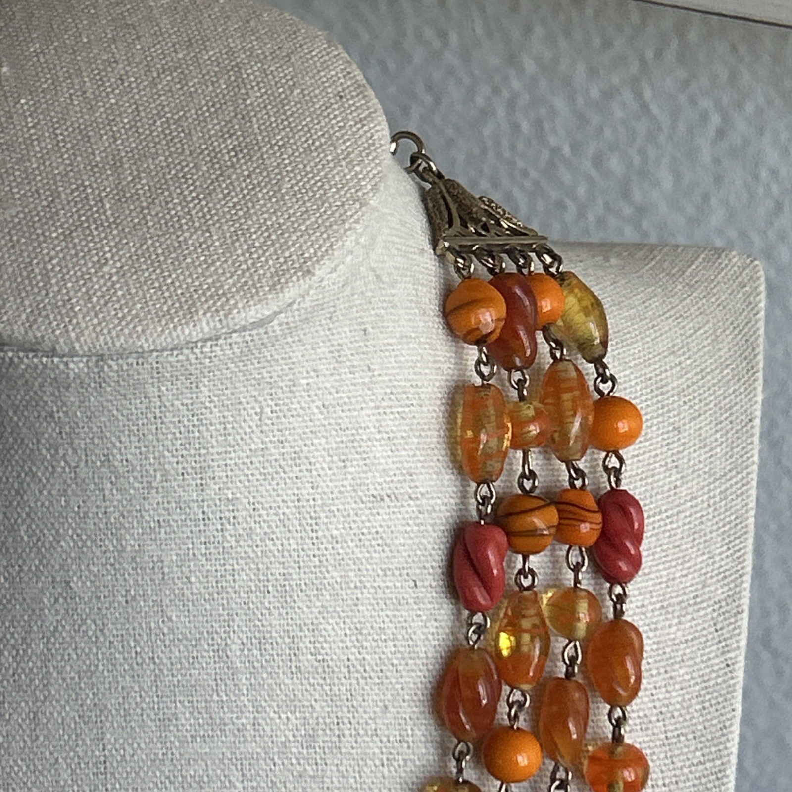 Multi Strand Glass Bead Necklace Orange Yellow Coral Vintage Statement Jewelry