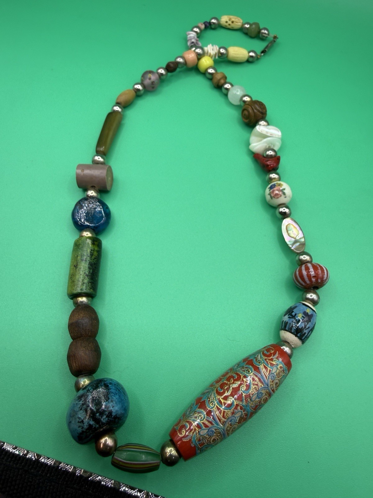 Vintage Mixed Bead Multicolor Necklace Shell Wood Ceramic Metal Glass