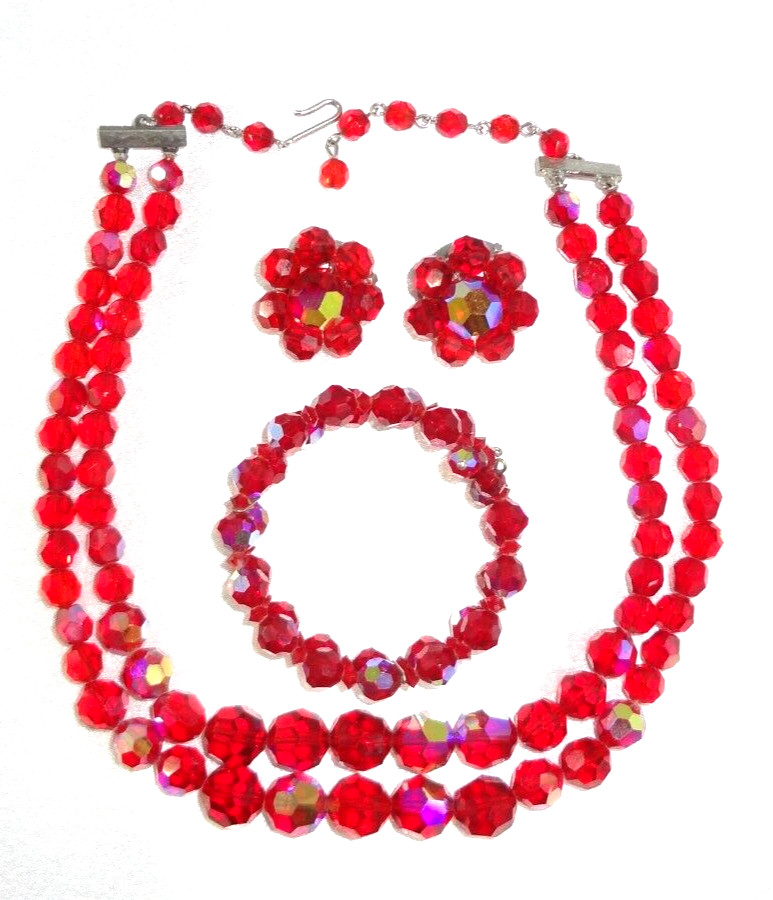 Vtg C: Late 1950’s AB Red Faceted Glass 2 Strand Necklace Bracelet Earrings Set!