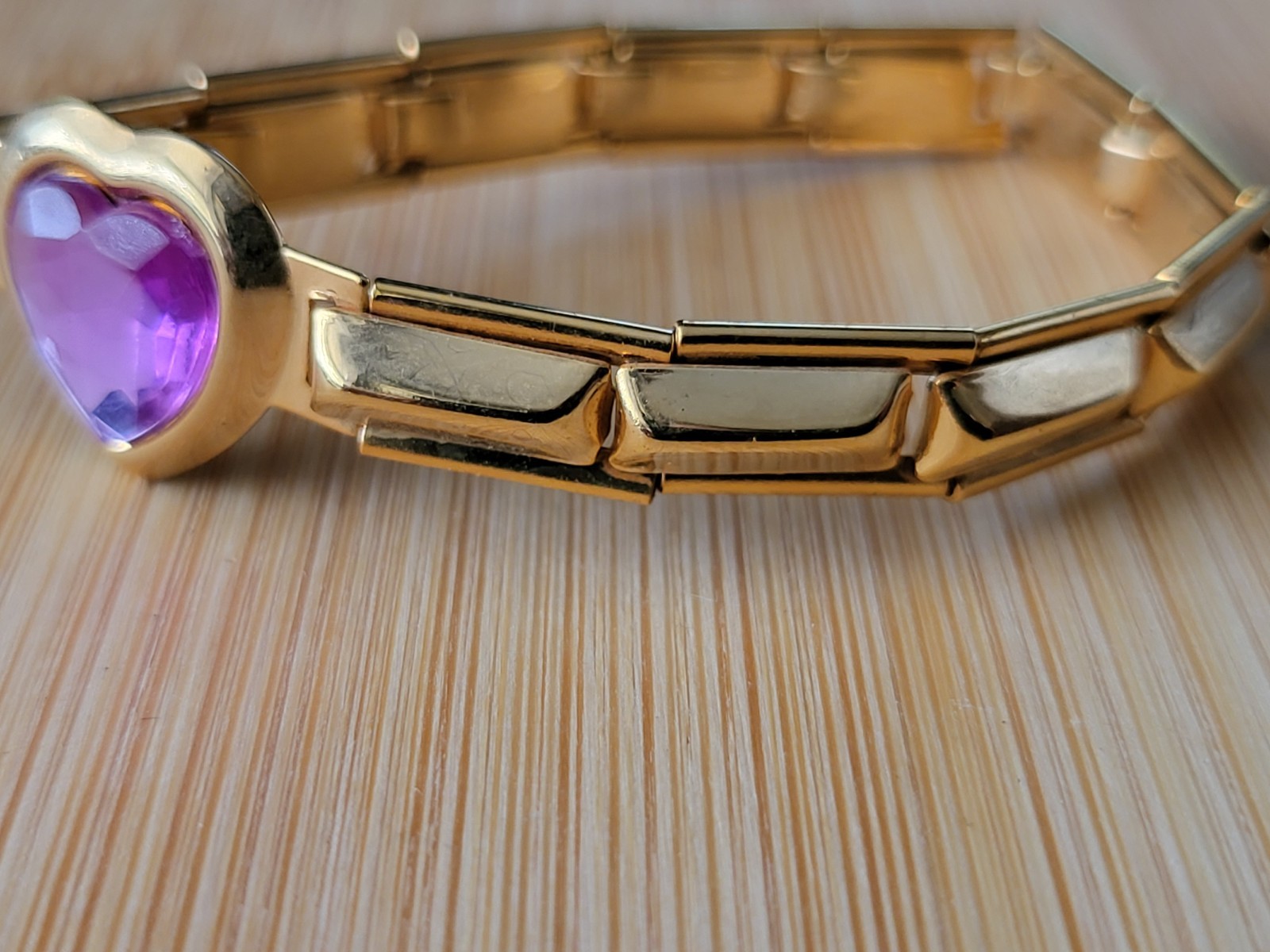 Vtg Sweetheart Bracelet Purple Heart Crystal Expanding Childs Bracelet 5″ to 5¾”